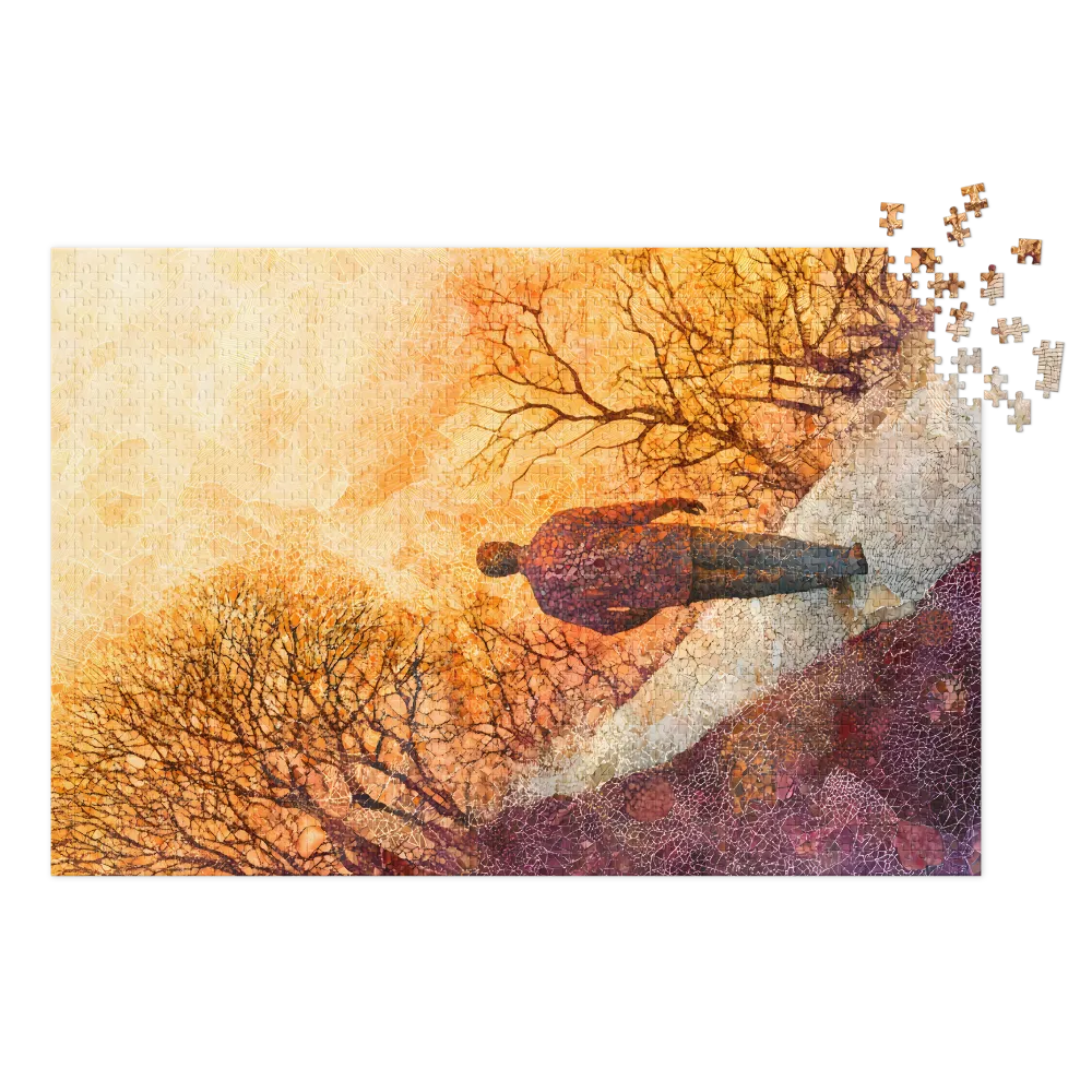 Solitary Man Walking in Abstract Landscape