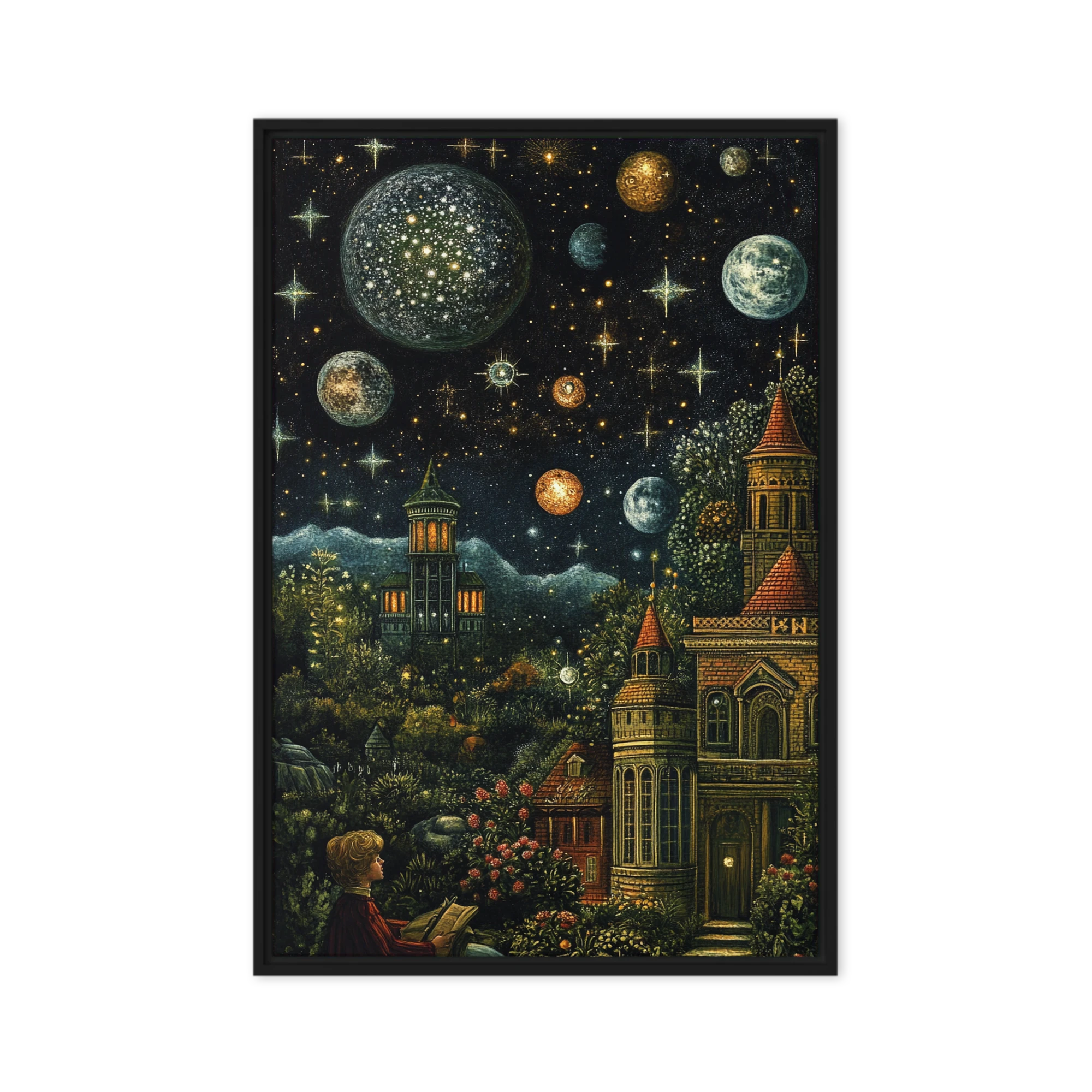 Surreal Boy Reading Under Cosmic Planets