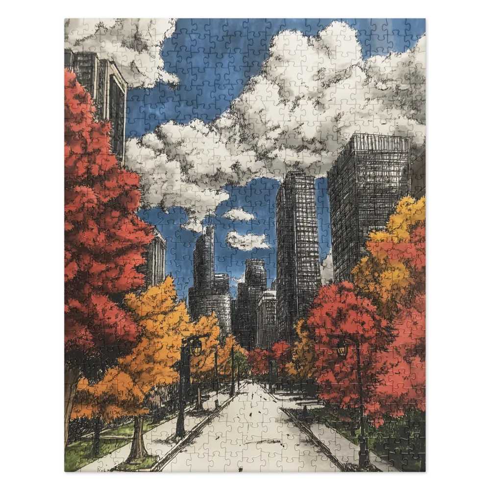 Autumn Cityscape Illustration 
 Jigsaw Puzzle in Tin Box
