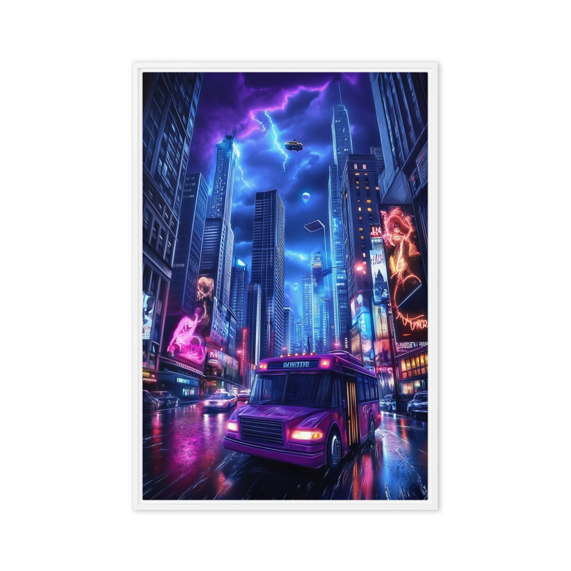 Futuristic Cityscape with Purple Bus