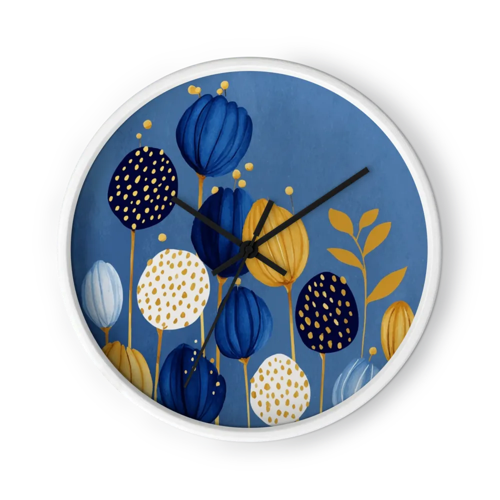Golden Blooms on Blue | Wall Clock