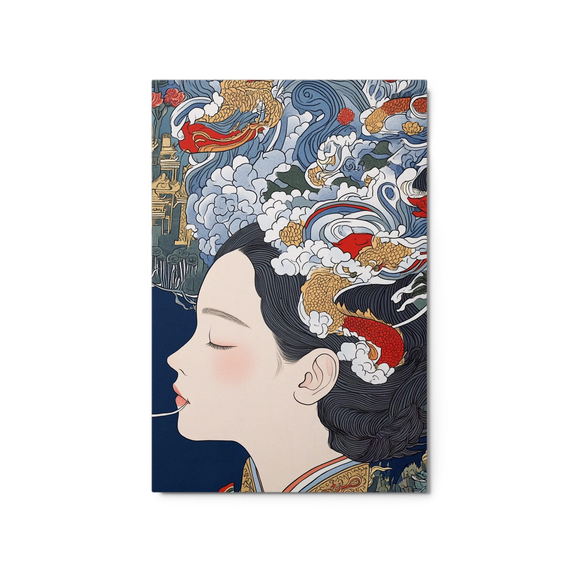 Serene Woman with Dragons and Clouds