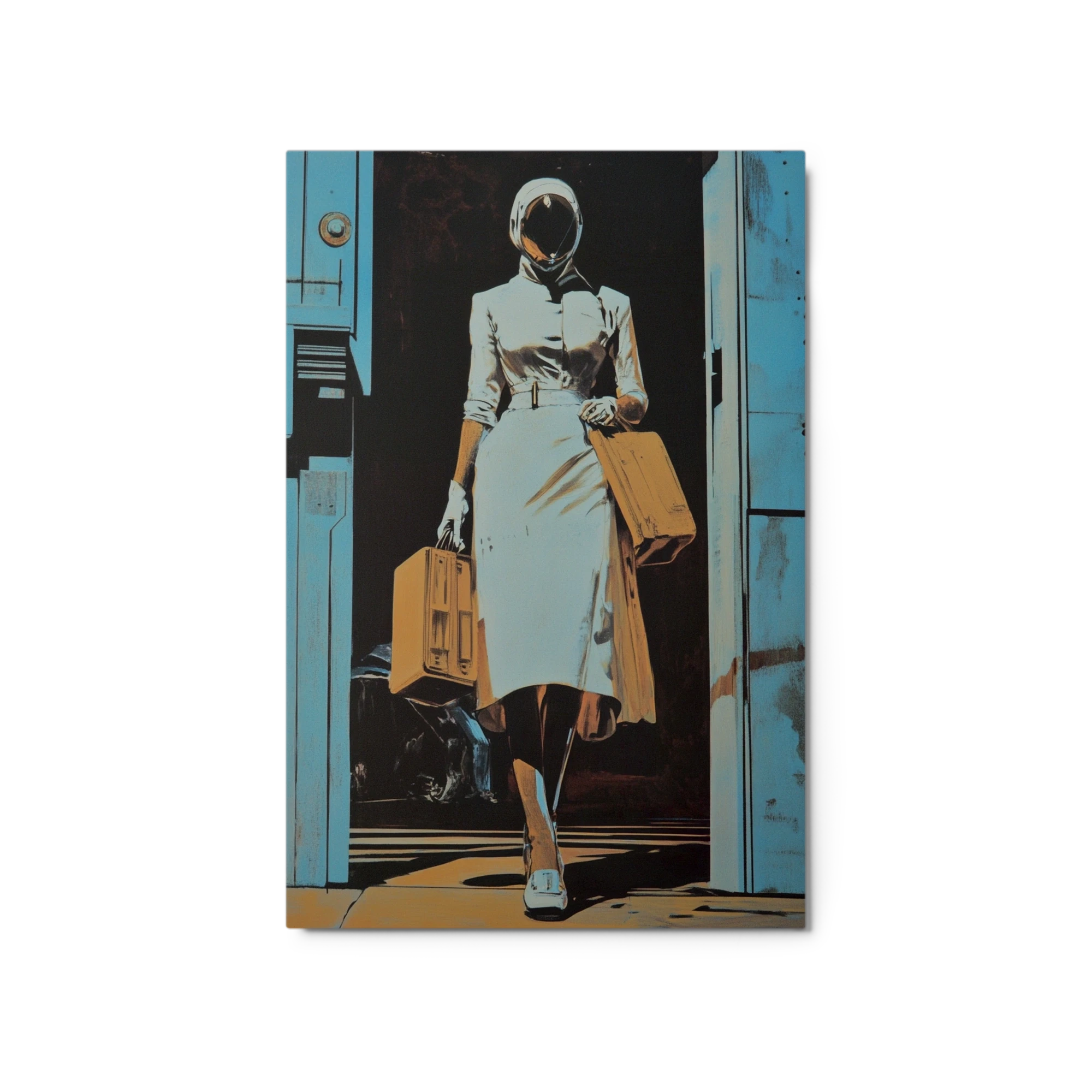 Surreal Woman in Mask with Suitcases