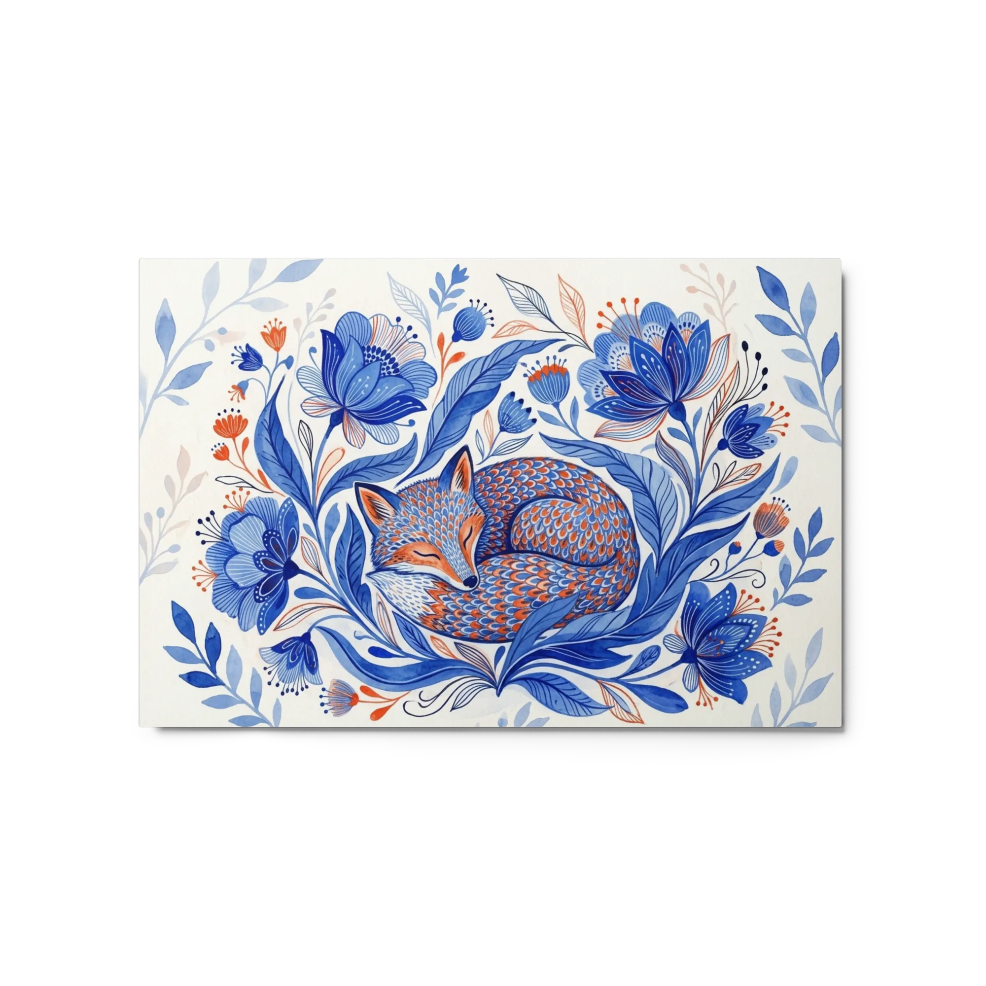 Sleeping Fox in Bloom 
 Paper Print With Black Frame & Mat | 16″x 20″
