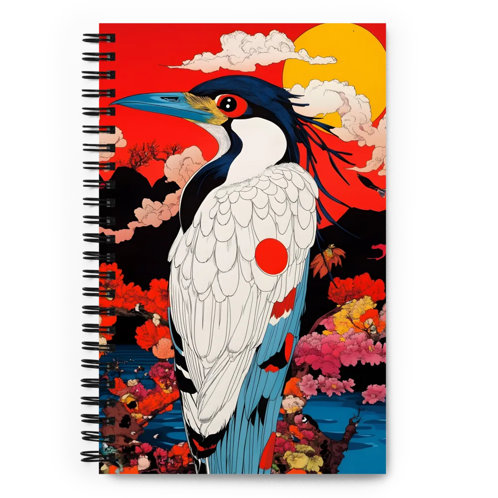 Neo-Ukiyo-e Heron Amidst Blossoms 
 Spiral Notebook | 140 pages