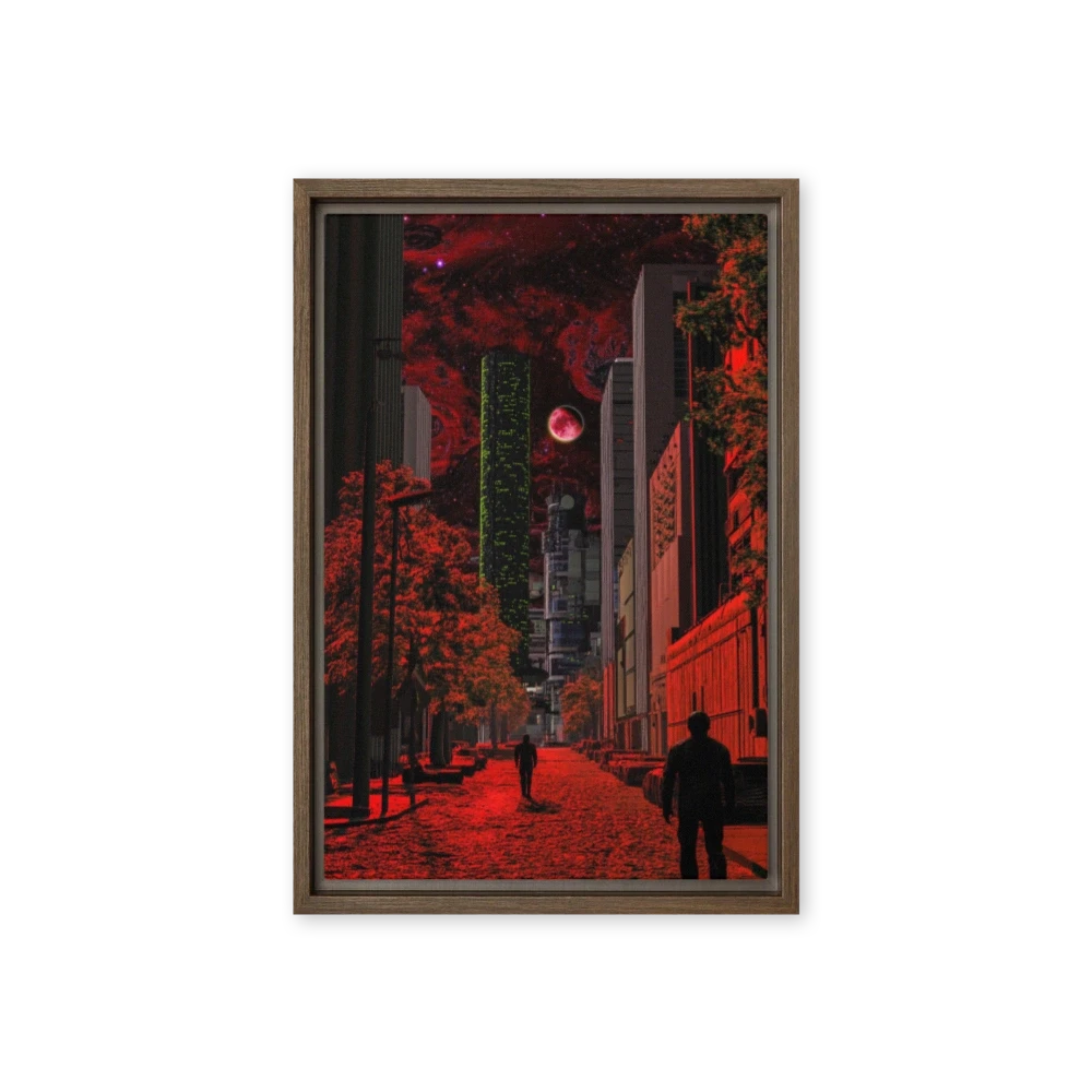 Surreal Red Cityscape with Cosmic Background