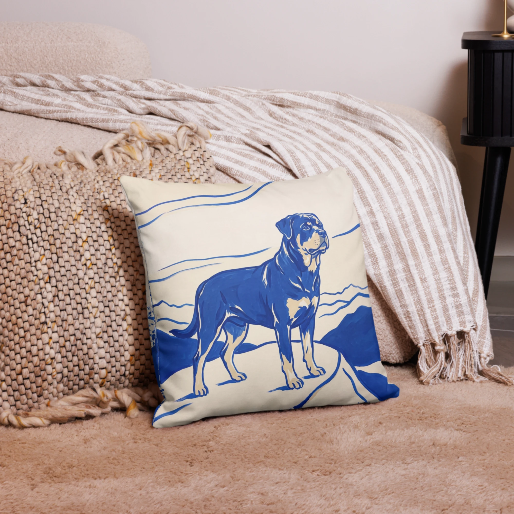 Pet Portrait Pillow — Cobalt Line — Pillow · in setting