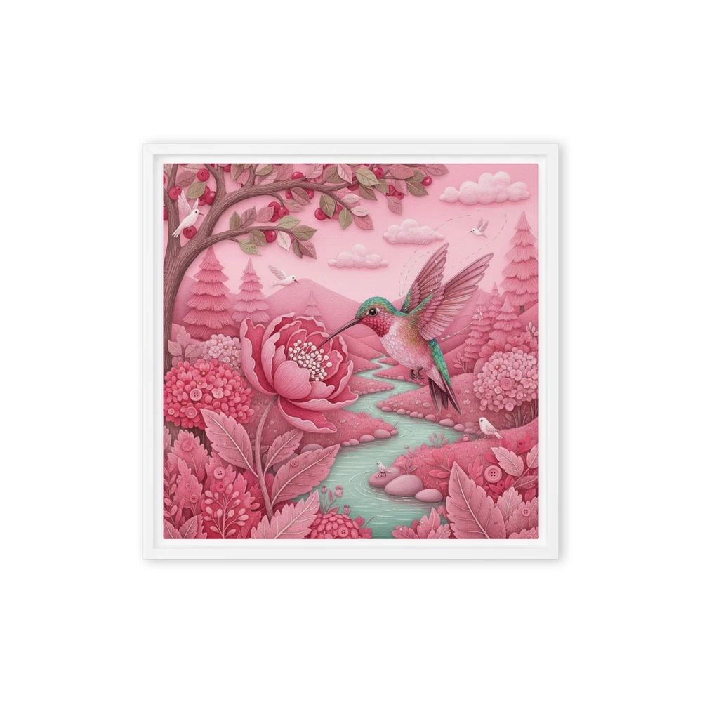 Hummingbird in Pink Garden | Art Print