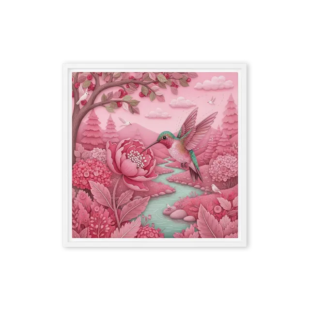Hummingbird in Pink Garden | Art Print