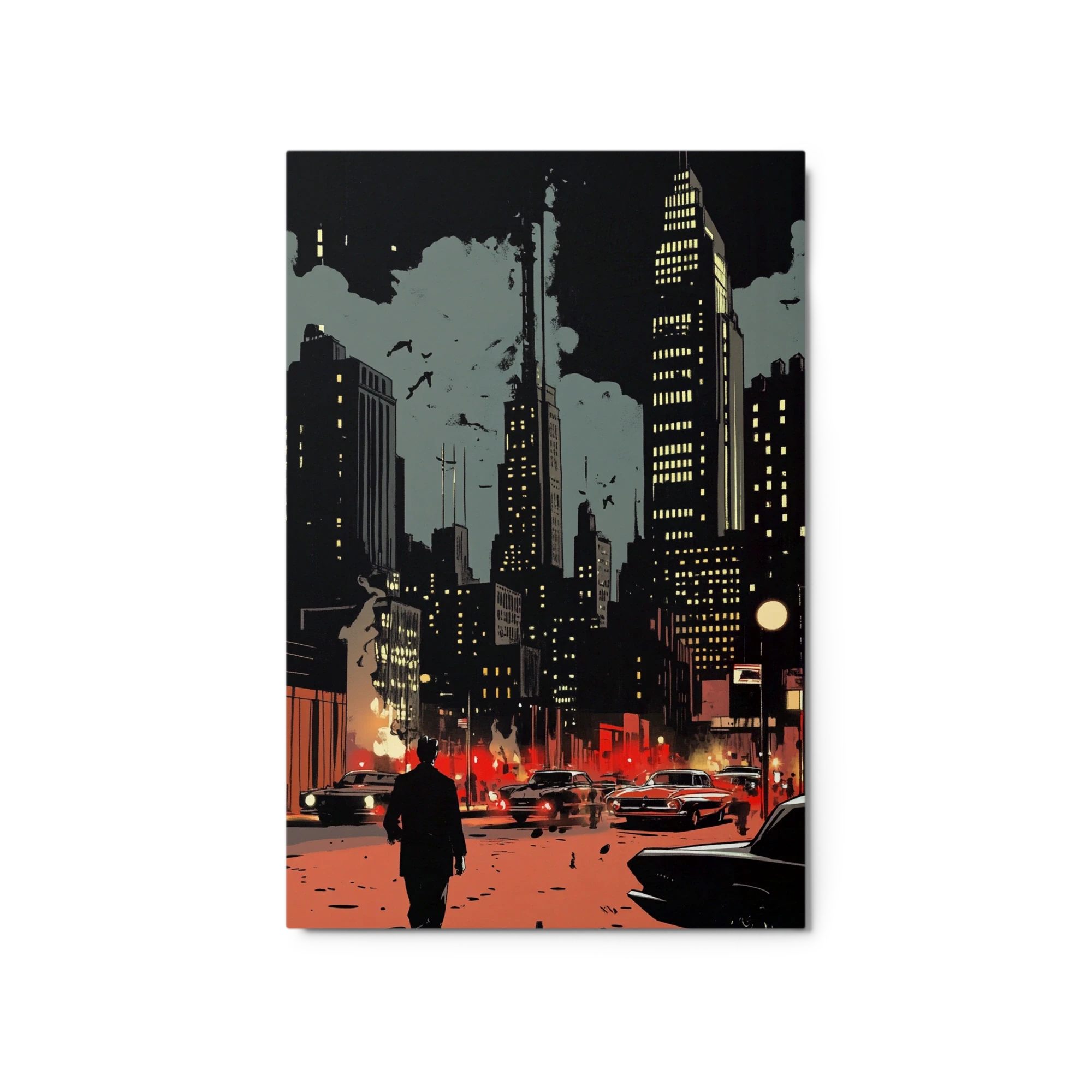 Cityscape at Night with Figure