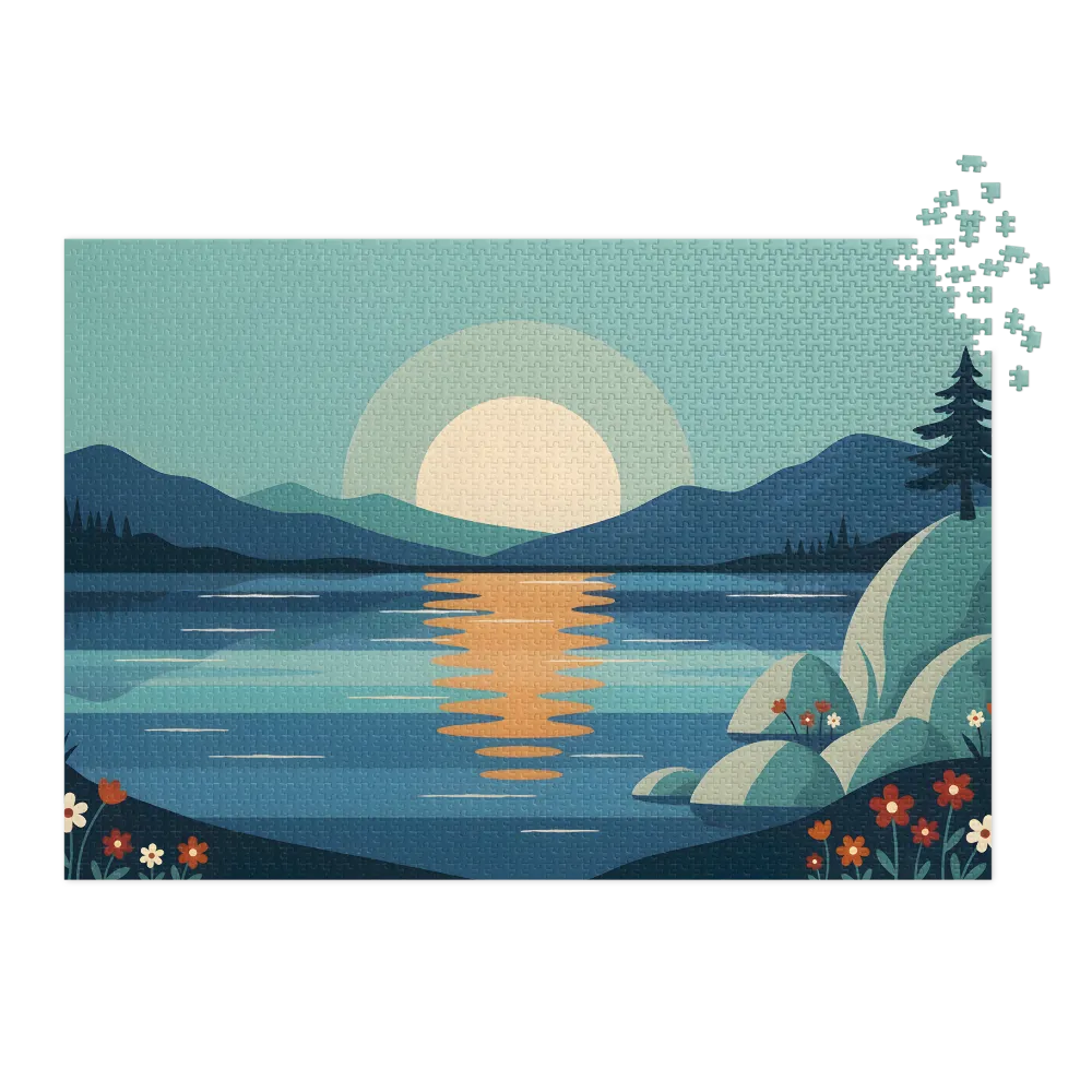 Tranquil Lake Sunset 
 Jigsaw Puzzle in Tin Box