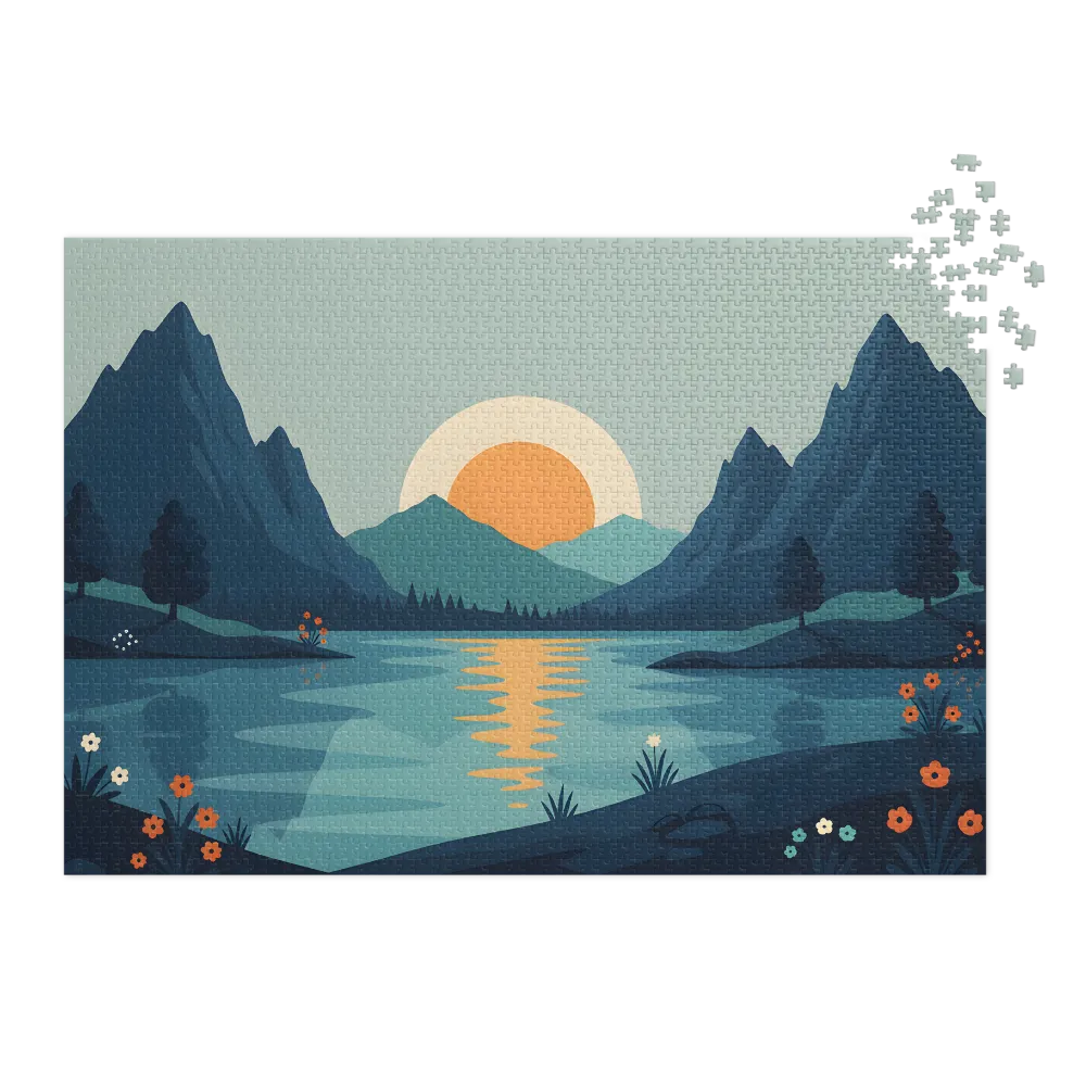 Sunset Over Mountain Lake 
 Jigsaw Puzzle in Tin Box