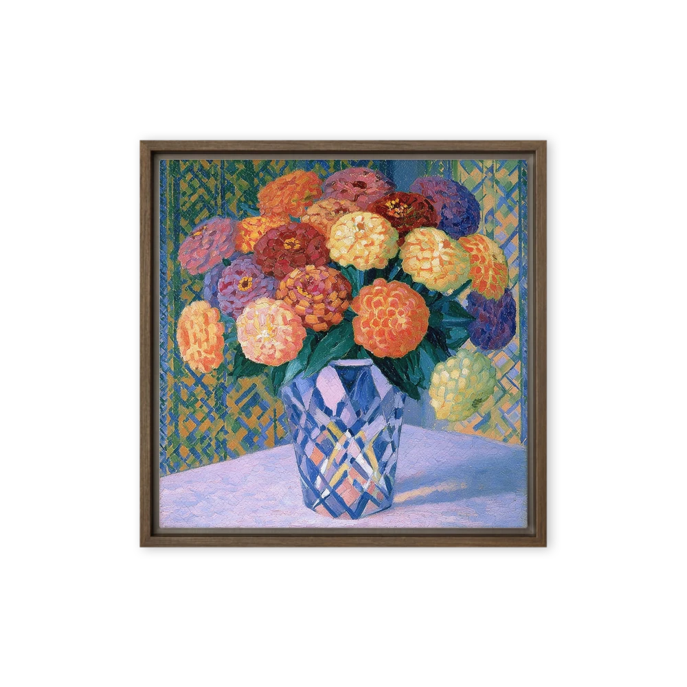 Bouquet of Zinnias in a Blue Vase | Art Print