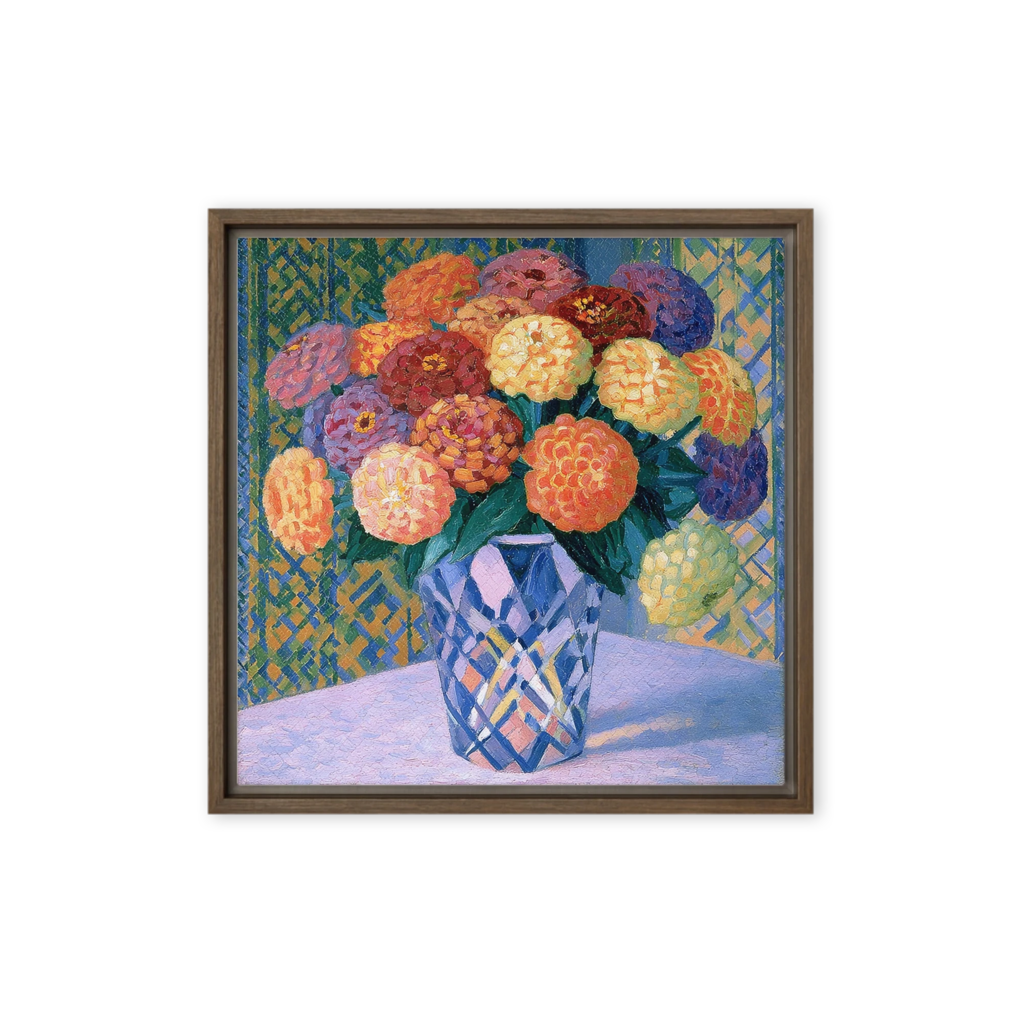 Bouquet of Zinnias in a Blue Vase
