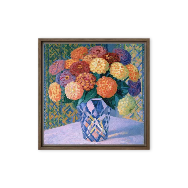 Bouquet of Zinnias in a Blue Vase | Art Print