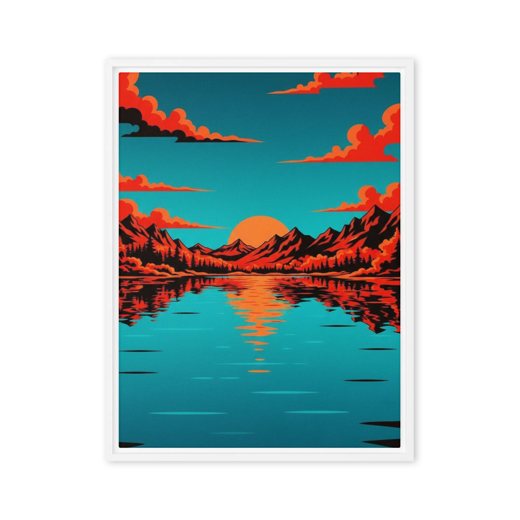 Teal Sunset Mountains 
 Canvas with Brown Frame