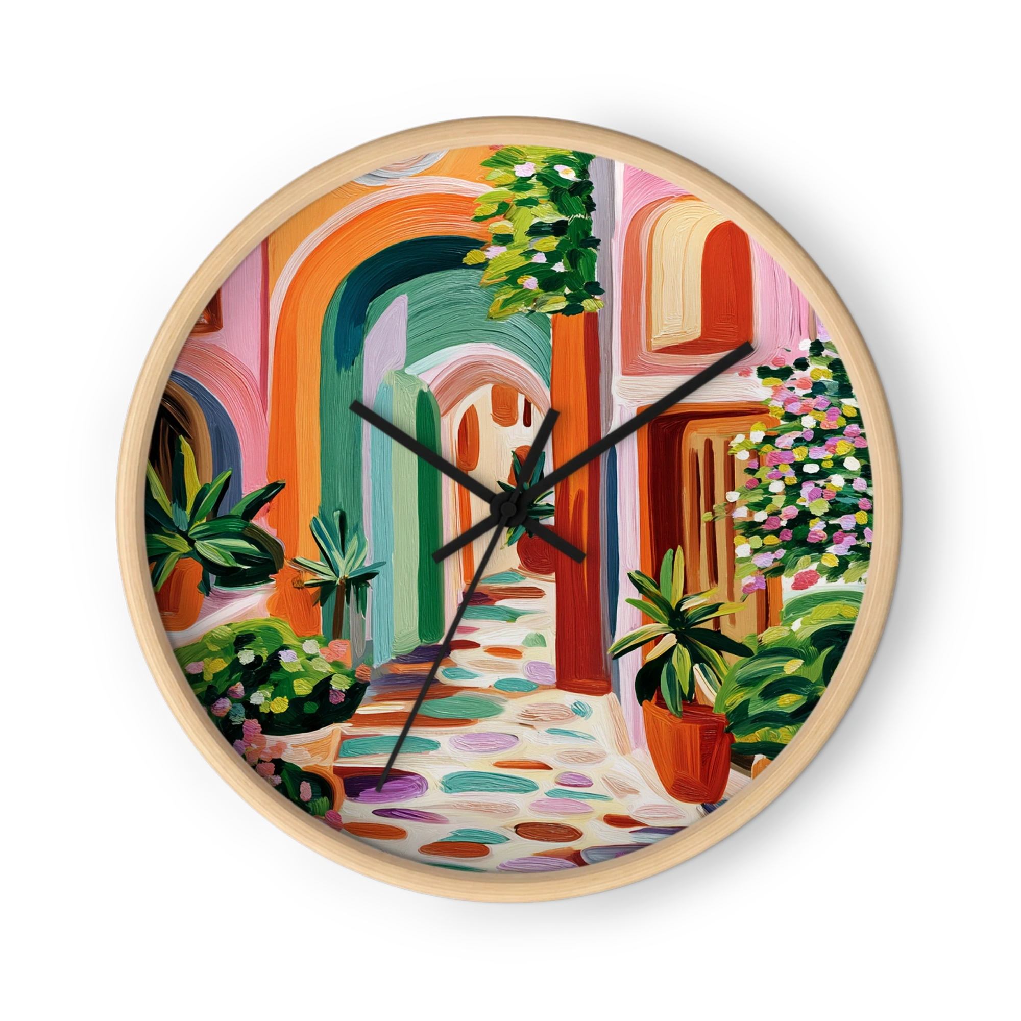 Curving Brushwork On A Round Clock — Swirling Sky, Sunlit Arch