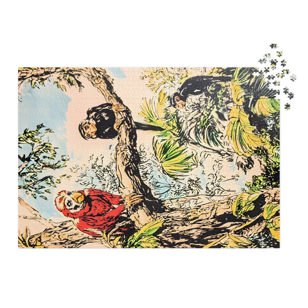 Colorful Parrots and Monkeys in Lush Foliage