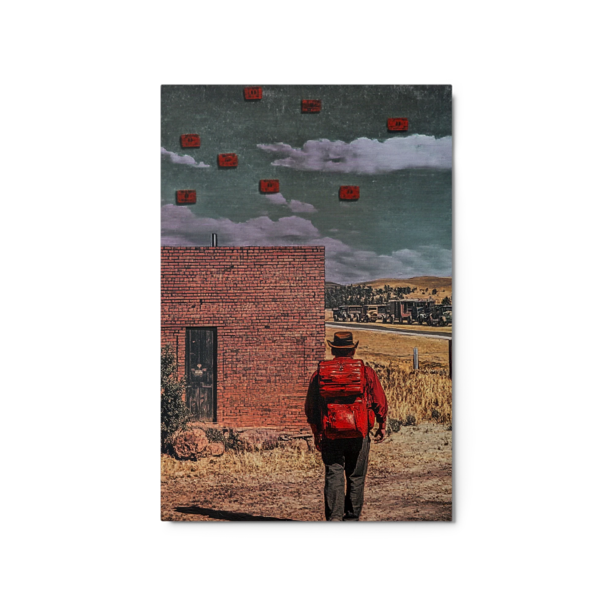 Surreal Landscape with Traveler and Red Tickets