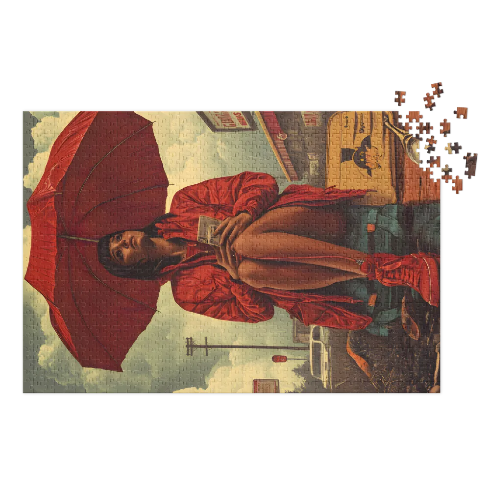 Woman with Red Umbrella in Urban Landscape