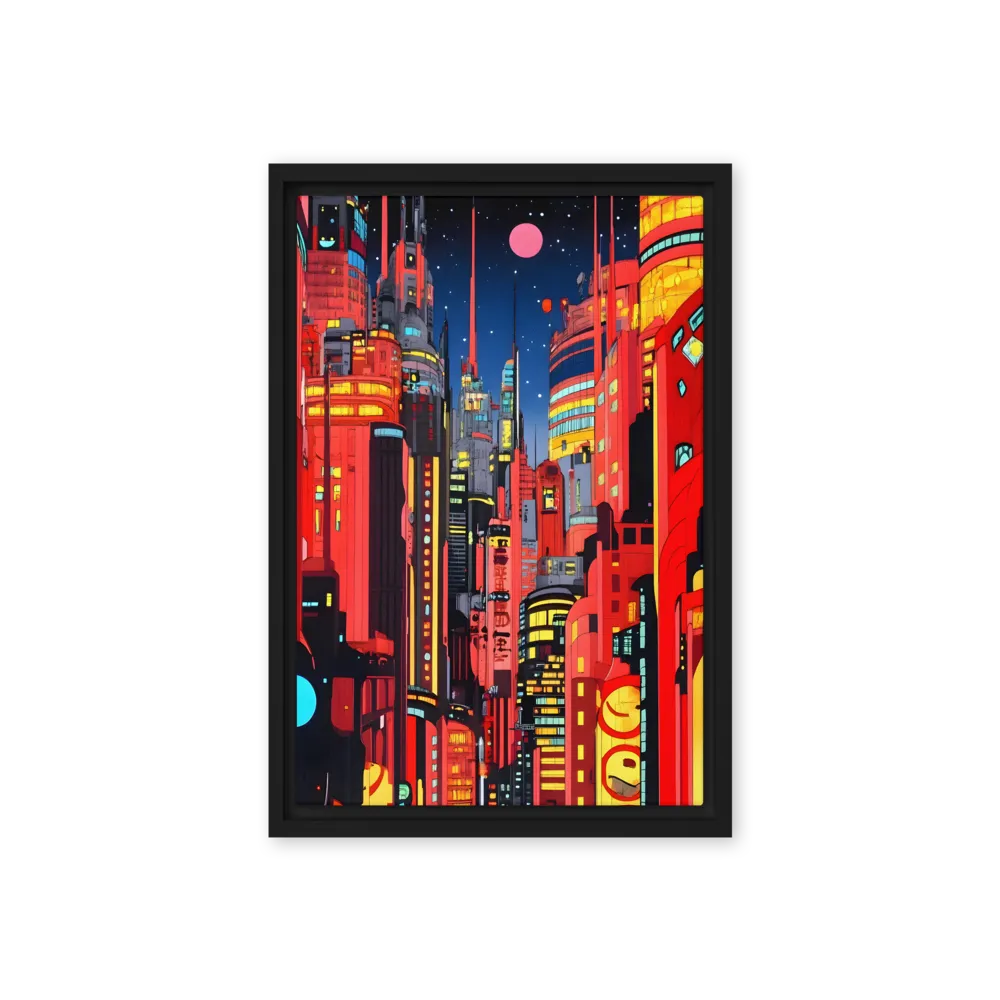 Neon Metropolis Under a Red Moon 
 Canvas with Black Frame