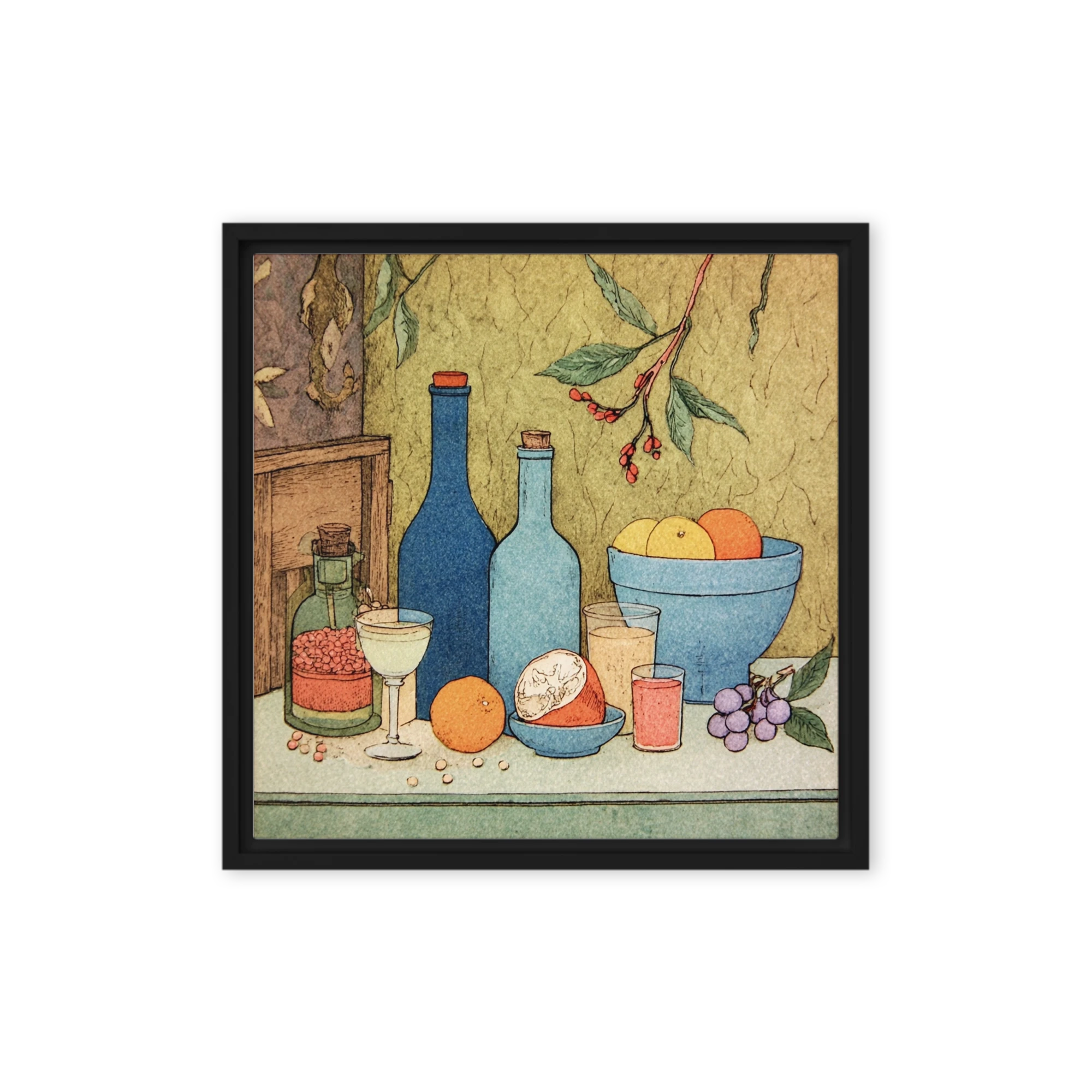 Nouveau Woodblock Dreamscape Wall Art — Teal, Ochre And Salmon