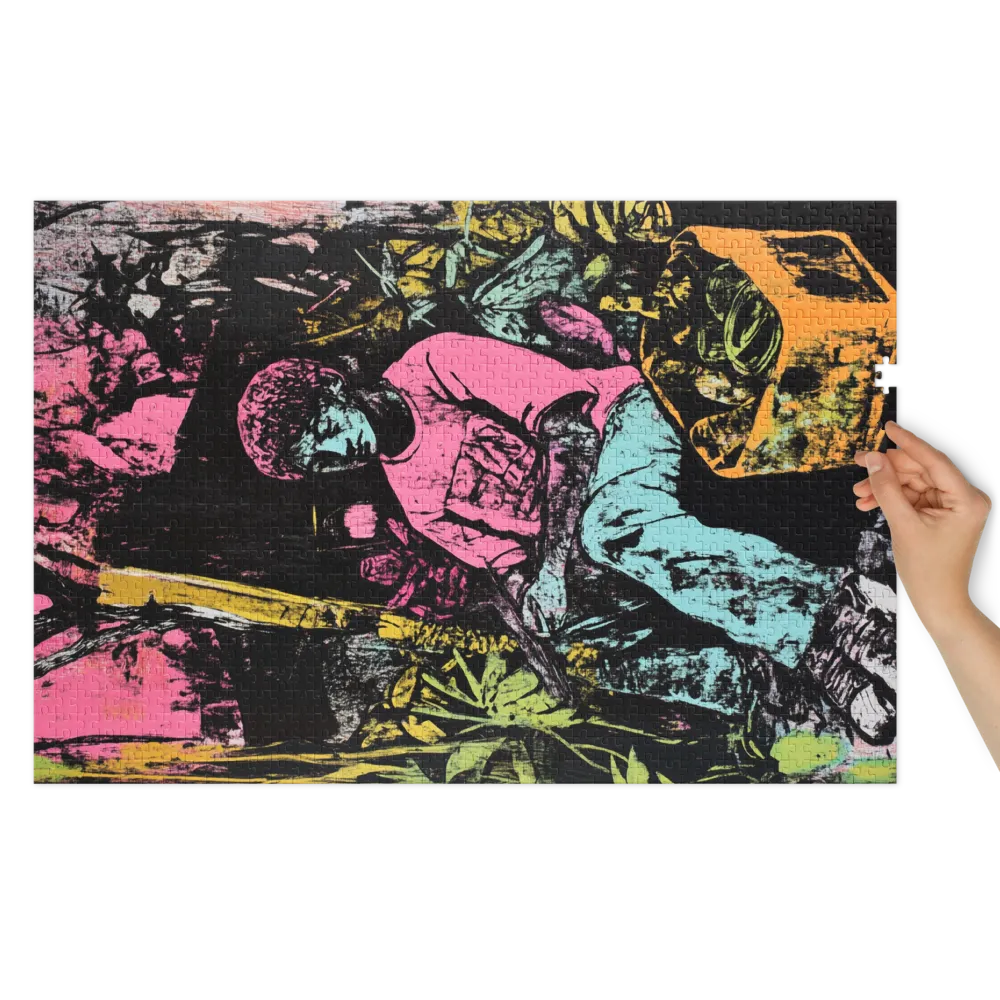Pensive Figure in Neon Jungle 
 Jigsaw Puzzle in Tin Box