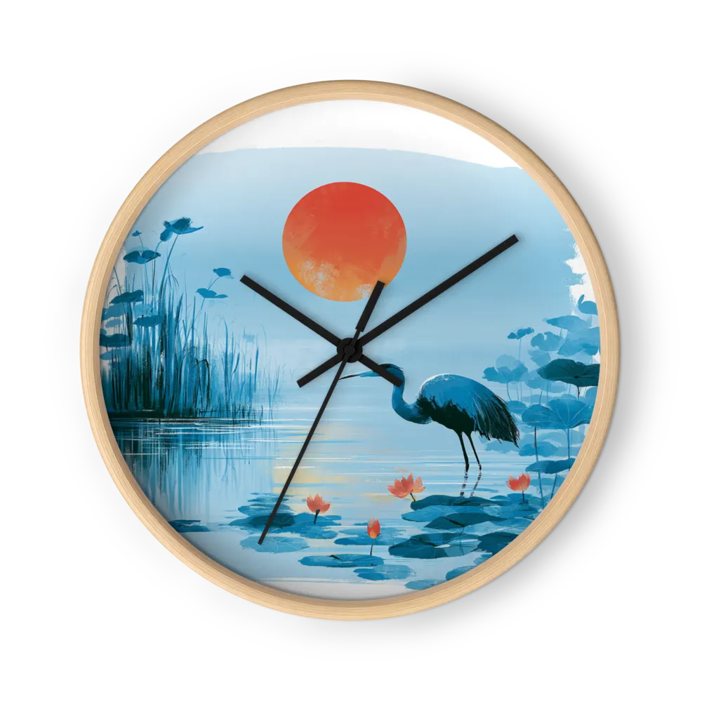 Misty Cobalt Sanshui Wall Clocks — Herons, Reeds, Red Sun