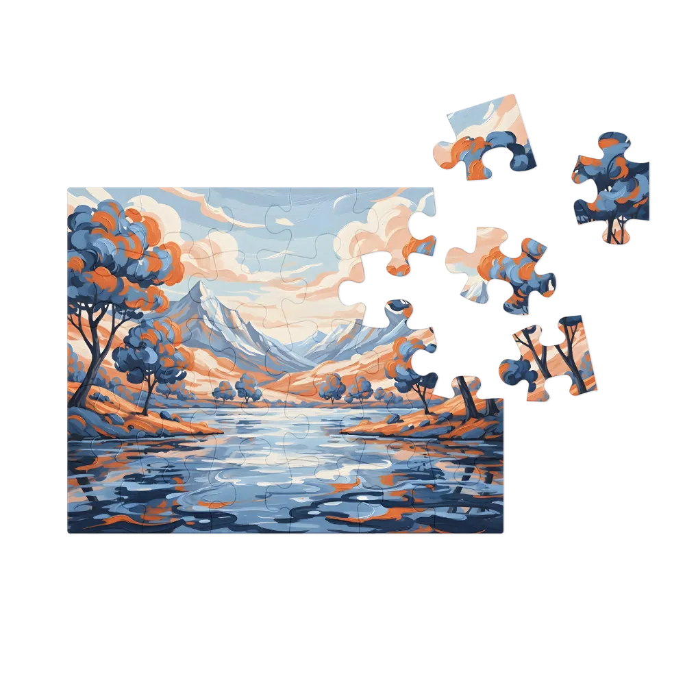 Stylized Lake Landscape 
 Jigsaw Puzzle in Tin Box