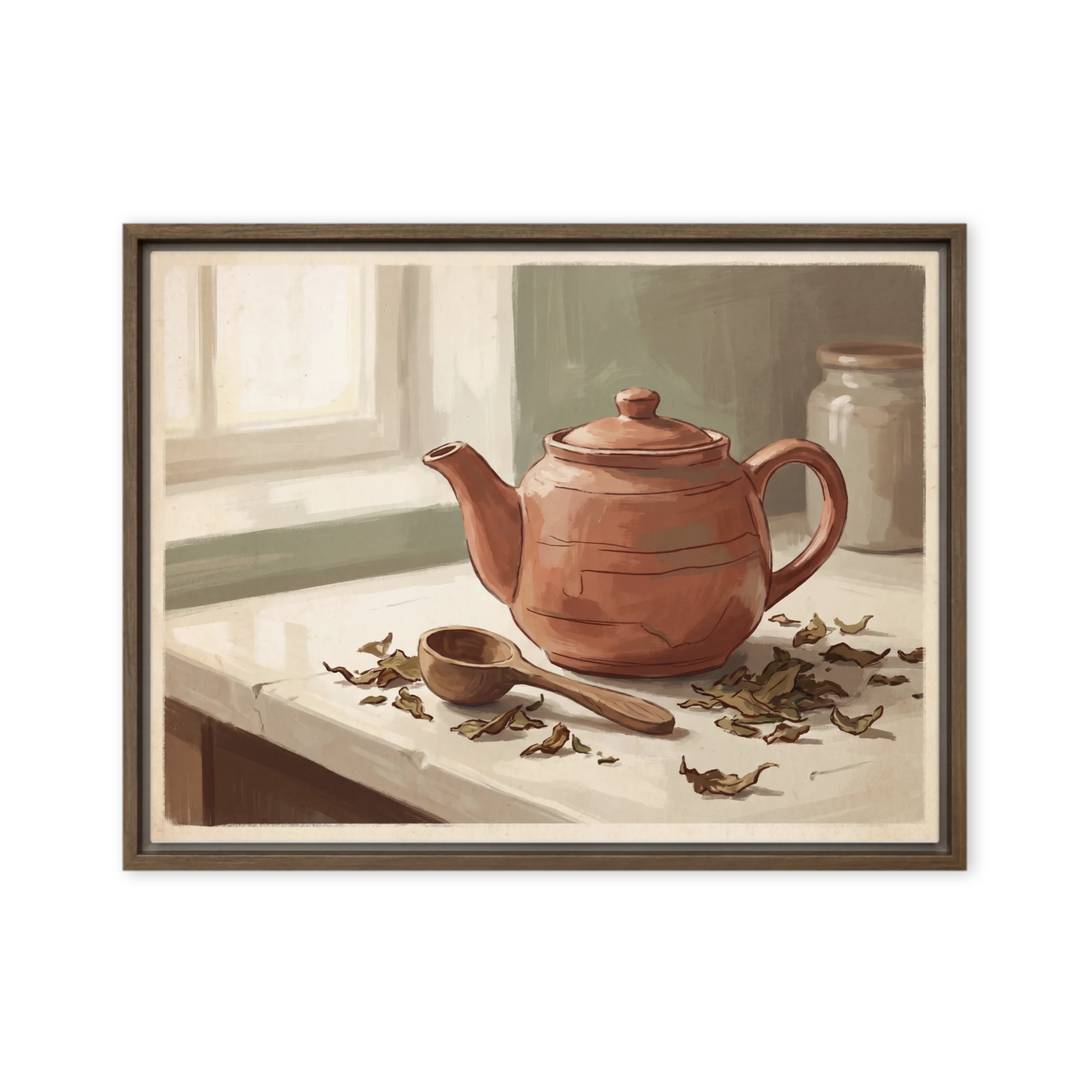 Terracotta Teapot and Leaves