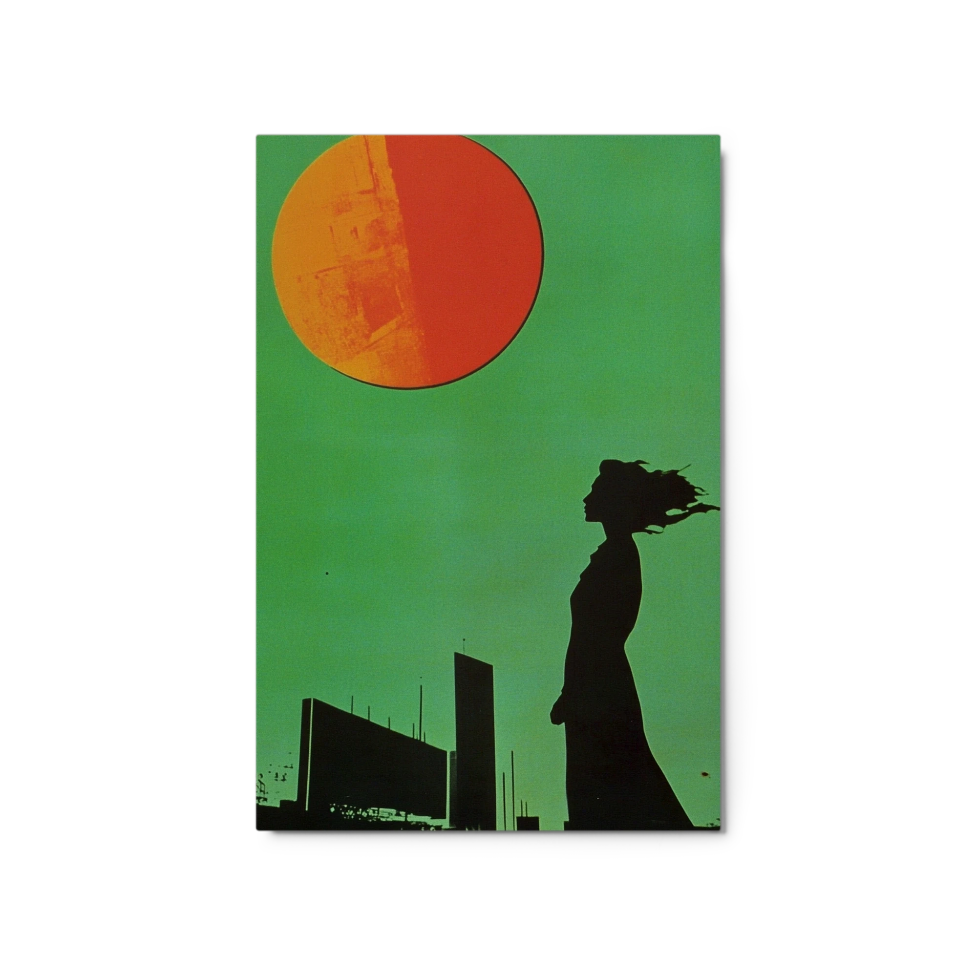 Silhouette of Woman Against Large Orange Sun