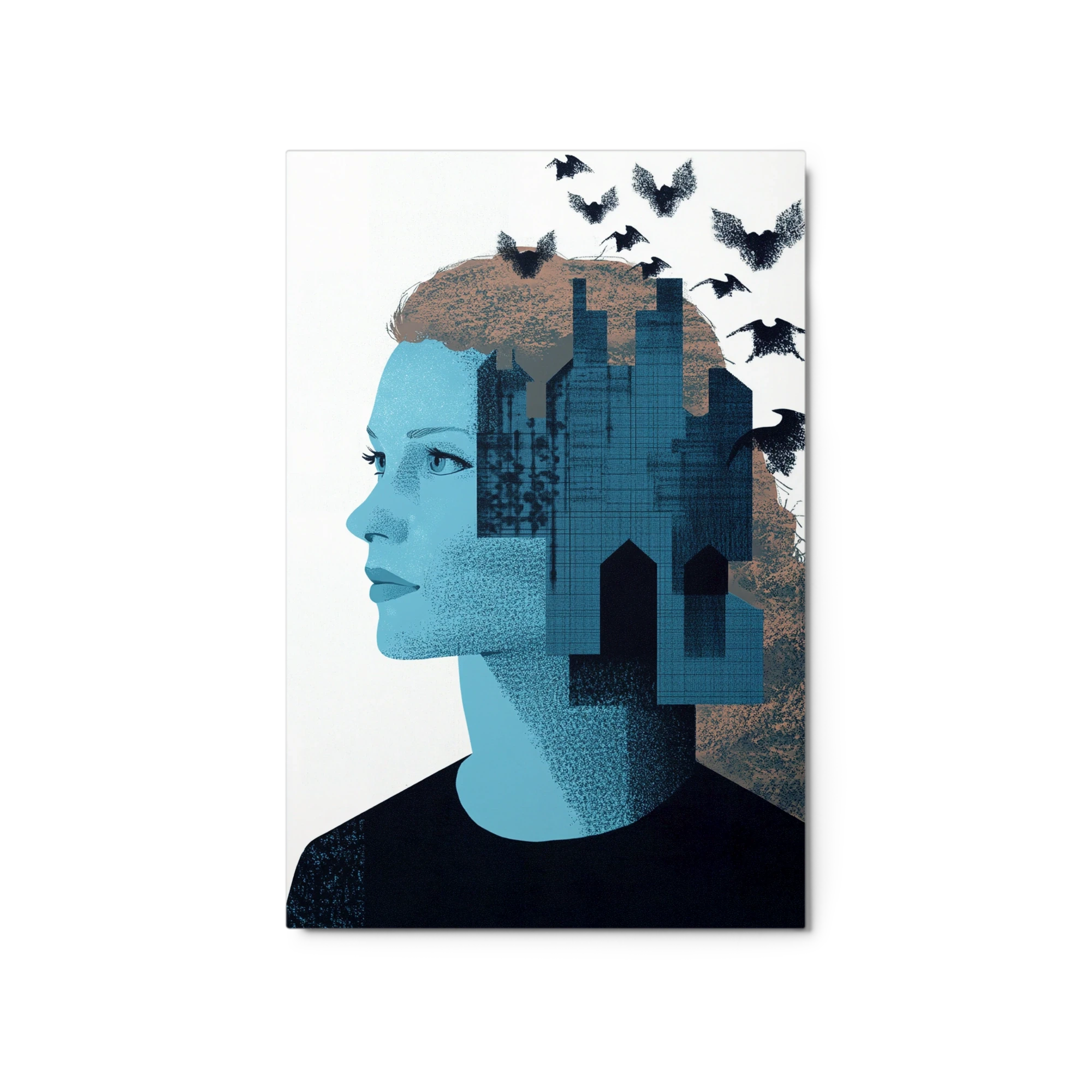 Profile of a Woman with Cityscape and Birds