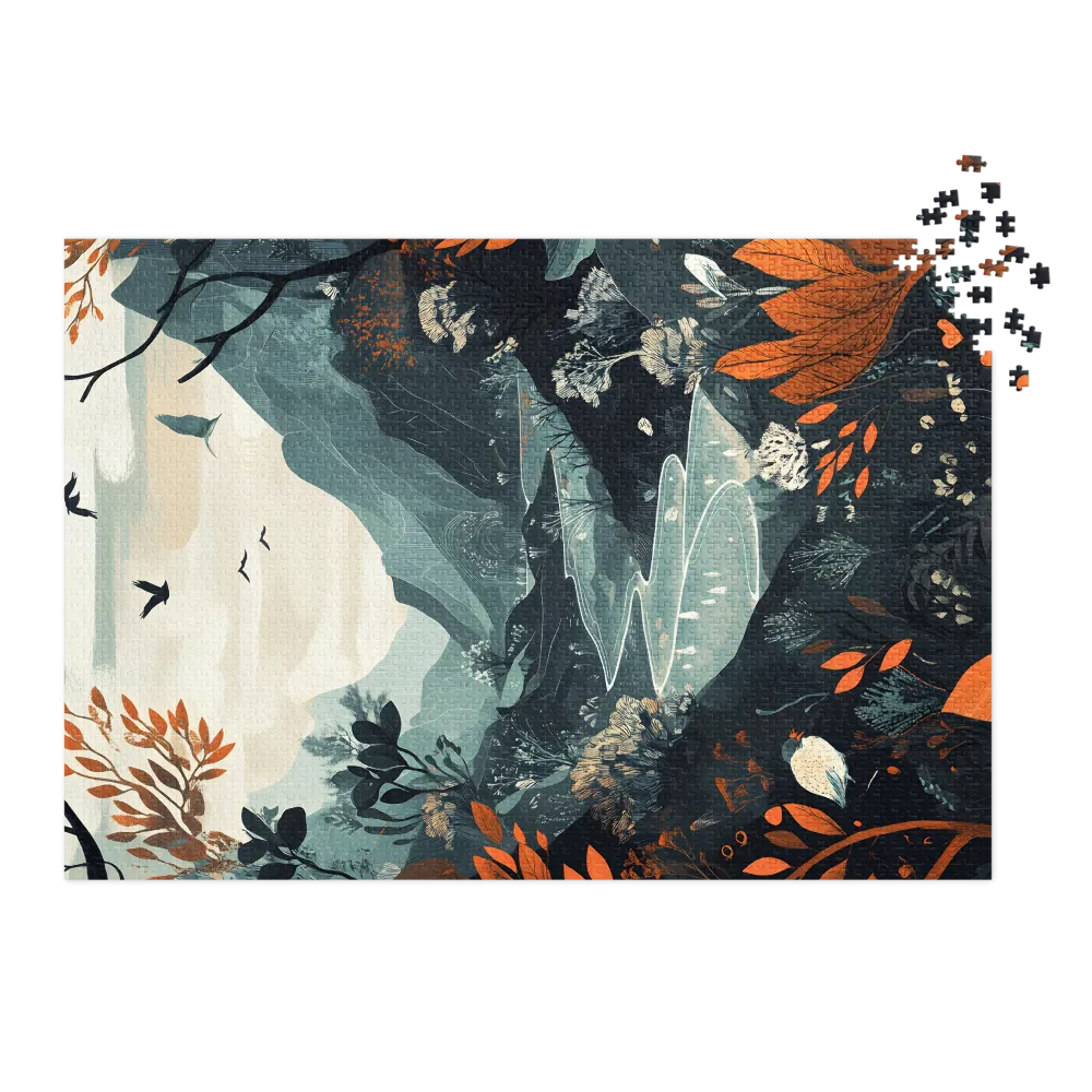 Illustrated Landscape with Birds and Flora