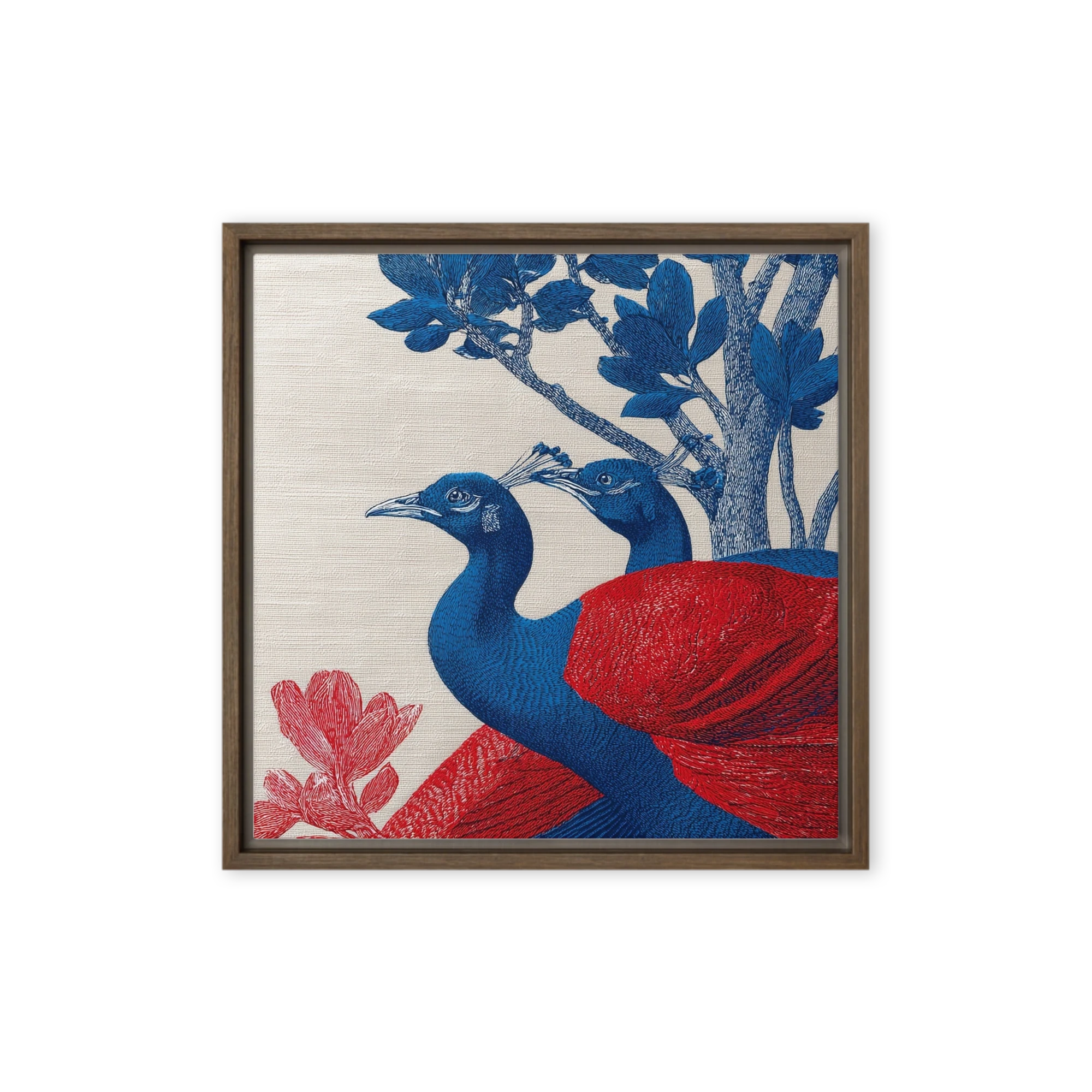 Blue and Red Peacocks