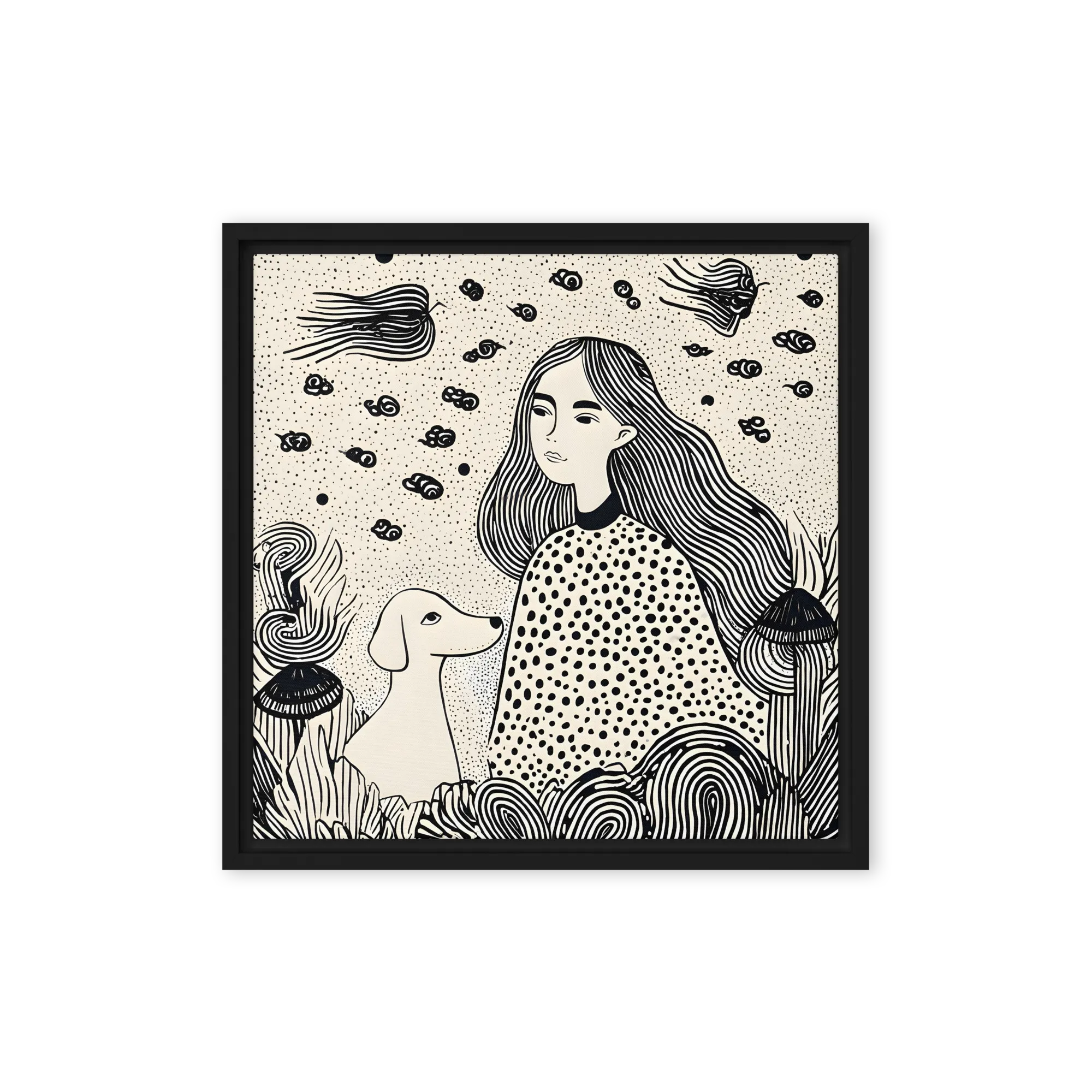 Dense parallel lines and celestial eyes — Hand-carved linocut prints