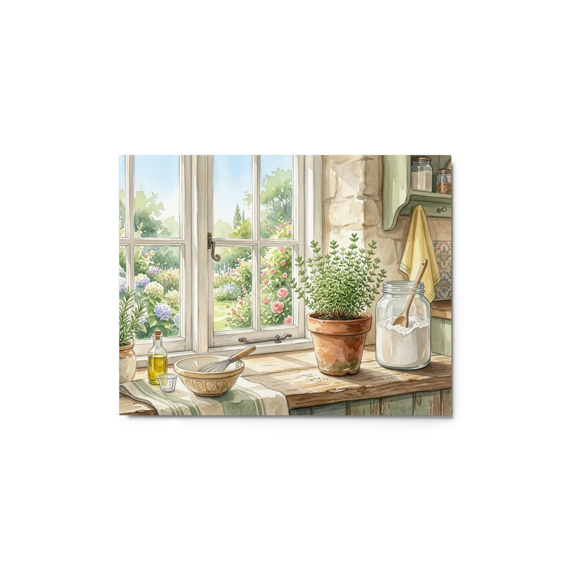 Sunny Kitchen Garden 
 Paper Print With Red oak Frame & Mat | 12″x 16″