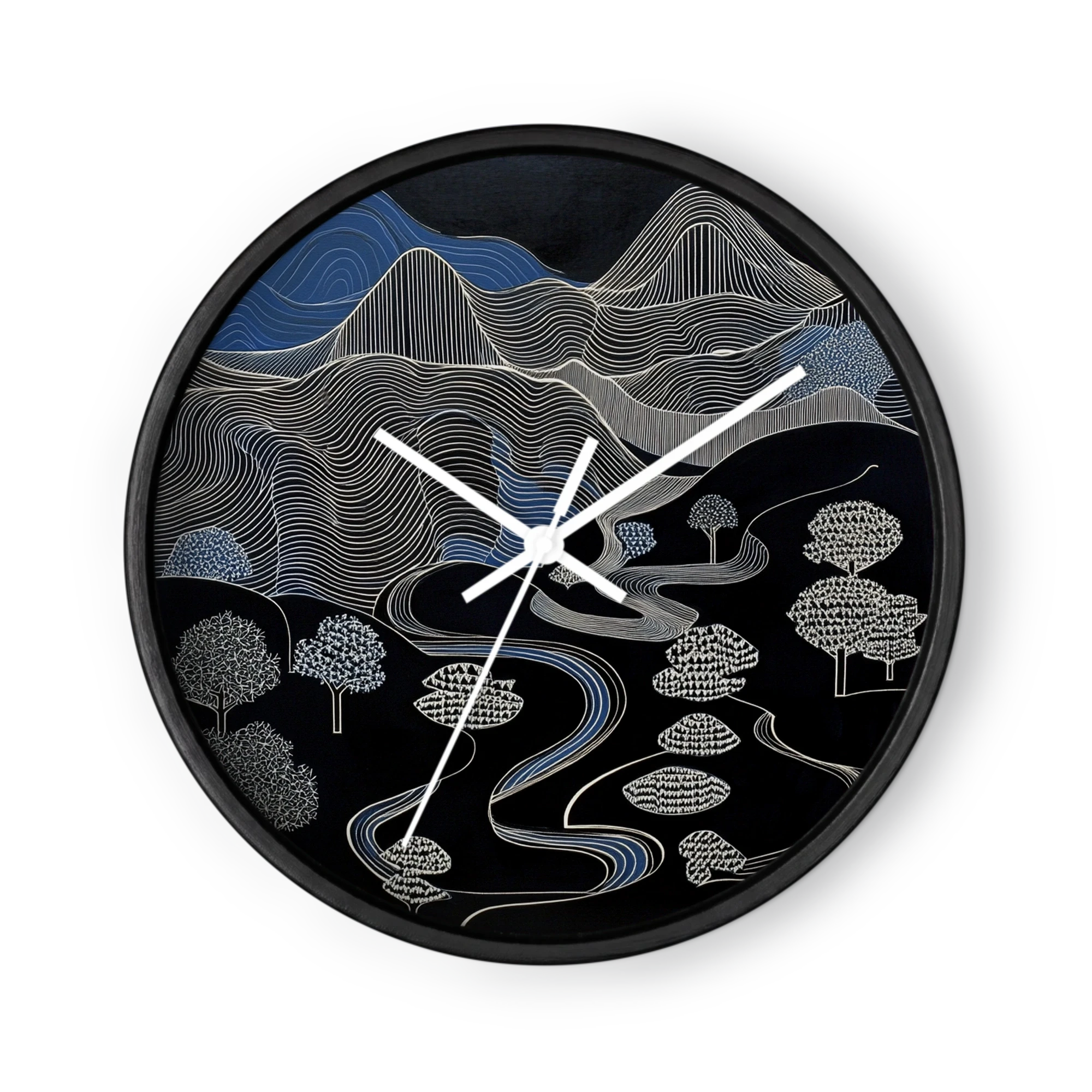 Hypnotic Contour Op-Art Wall Clocks — White Line On Black