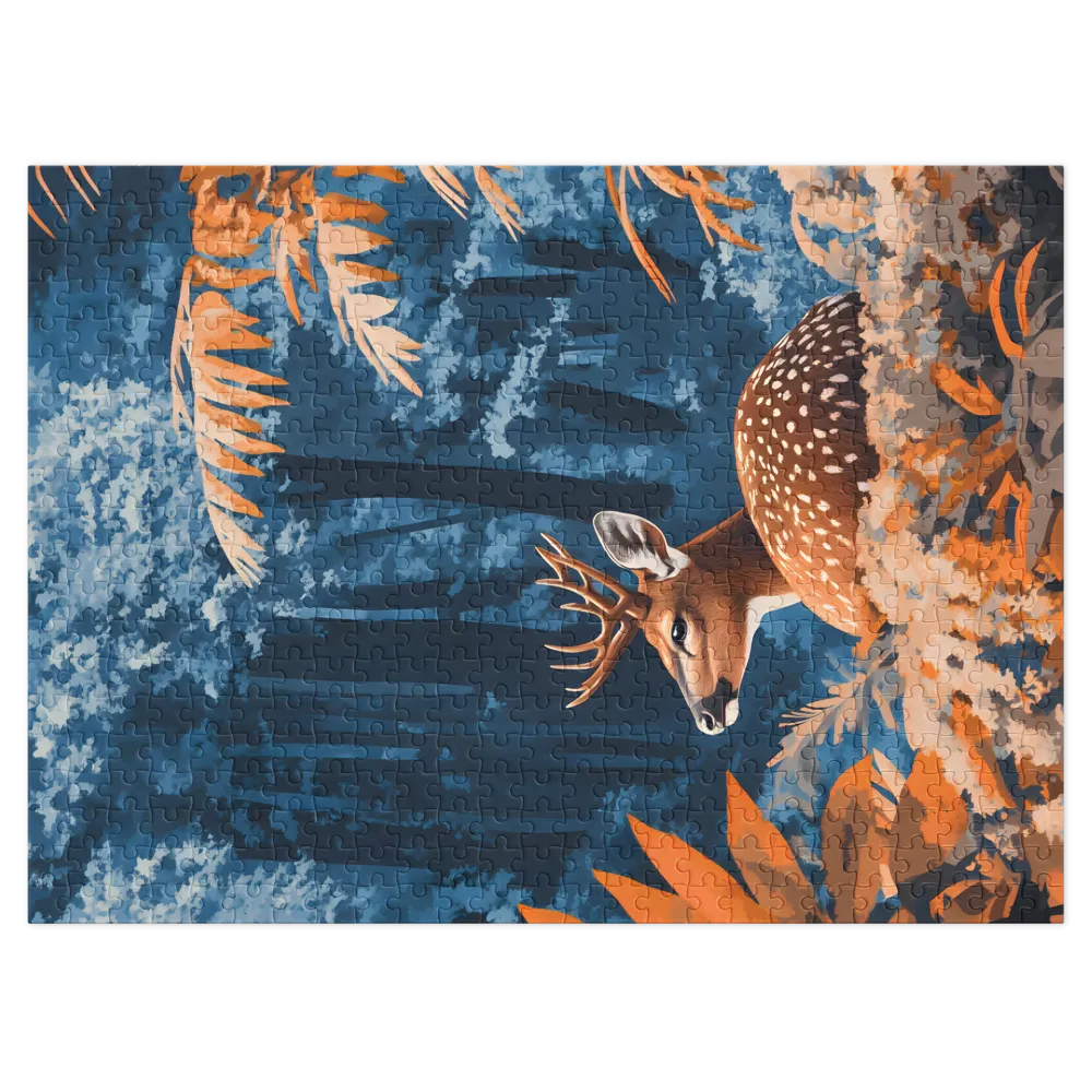 Illustrated Deer in Vibrant Blue Forest | Jigsaw Puzzle (252/520 pieces)