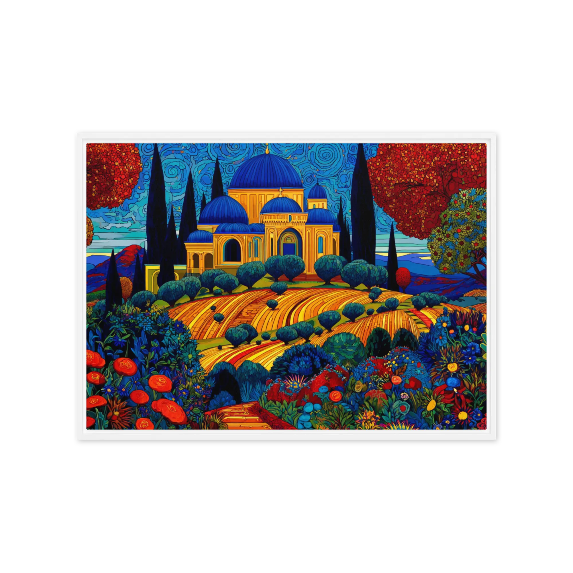 Golden Fields and Blue Domes 
 Poster with Black Frame | 18″x 24″