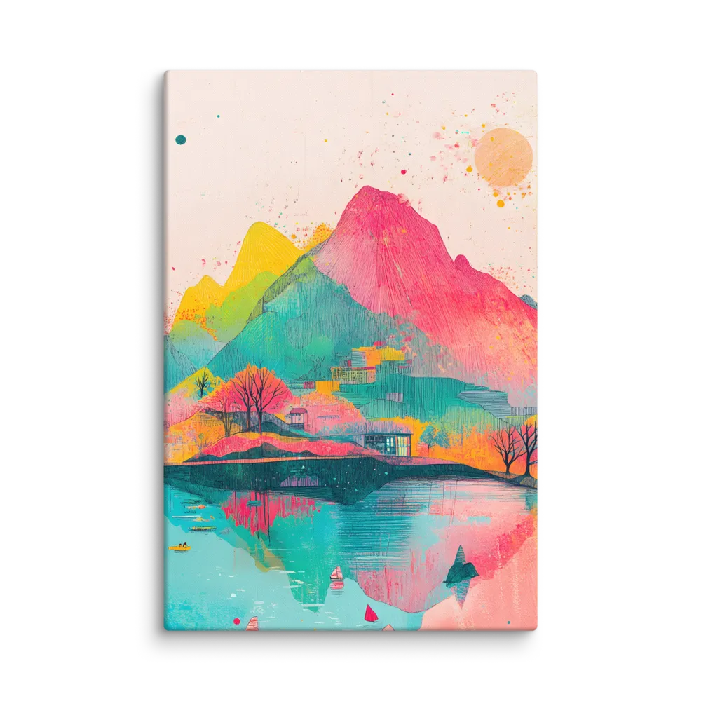 Fantastical Mountain Lake Watercolor 
 Canvas with White Frame