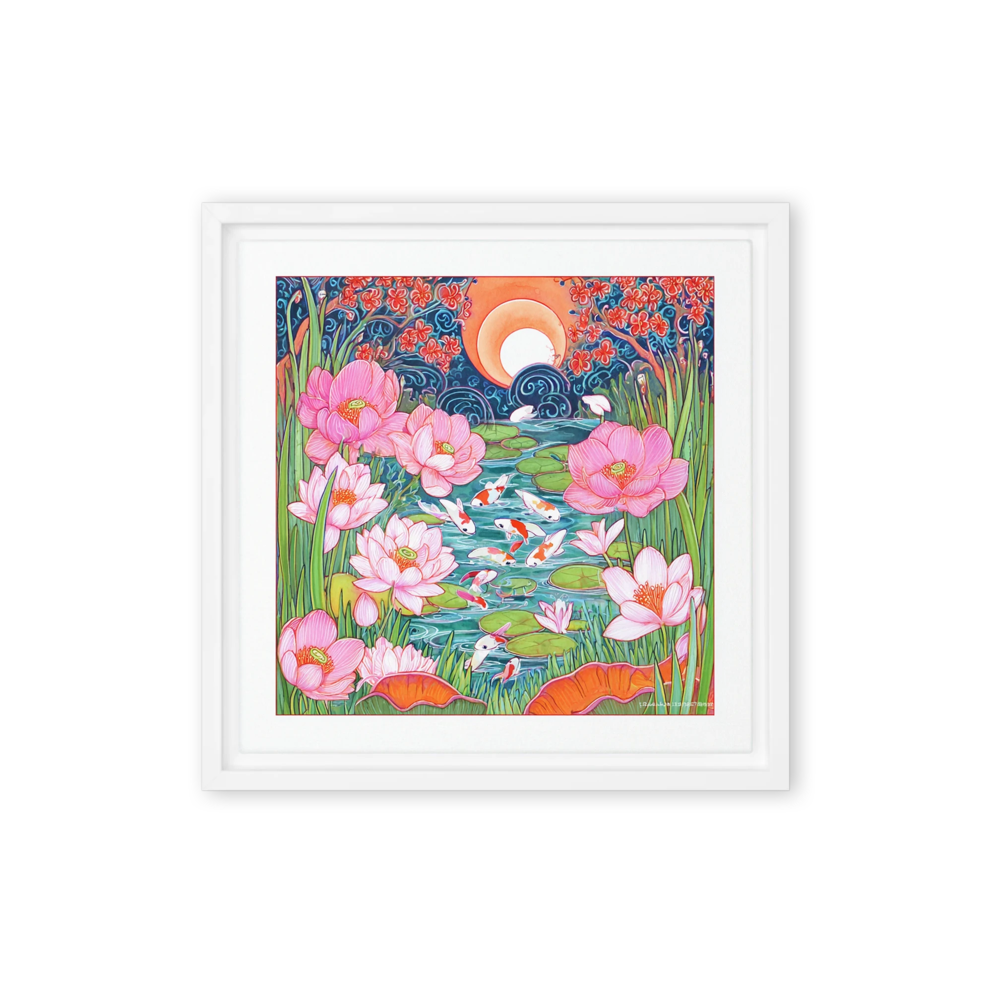 Moonlight Pond with Koi and Lotus