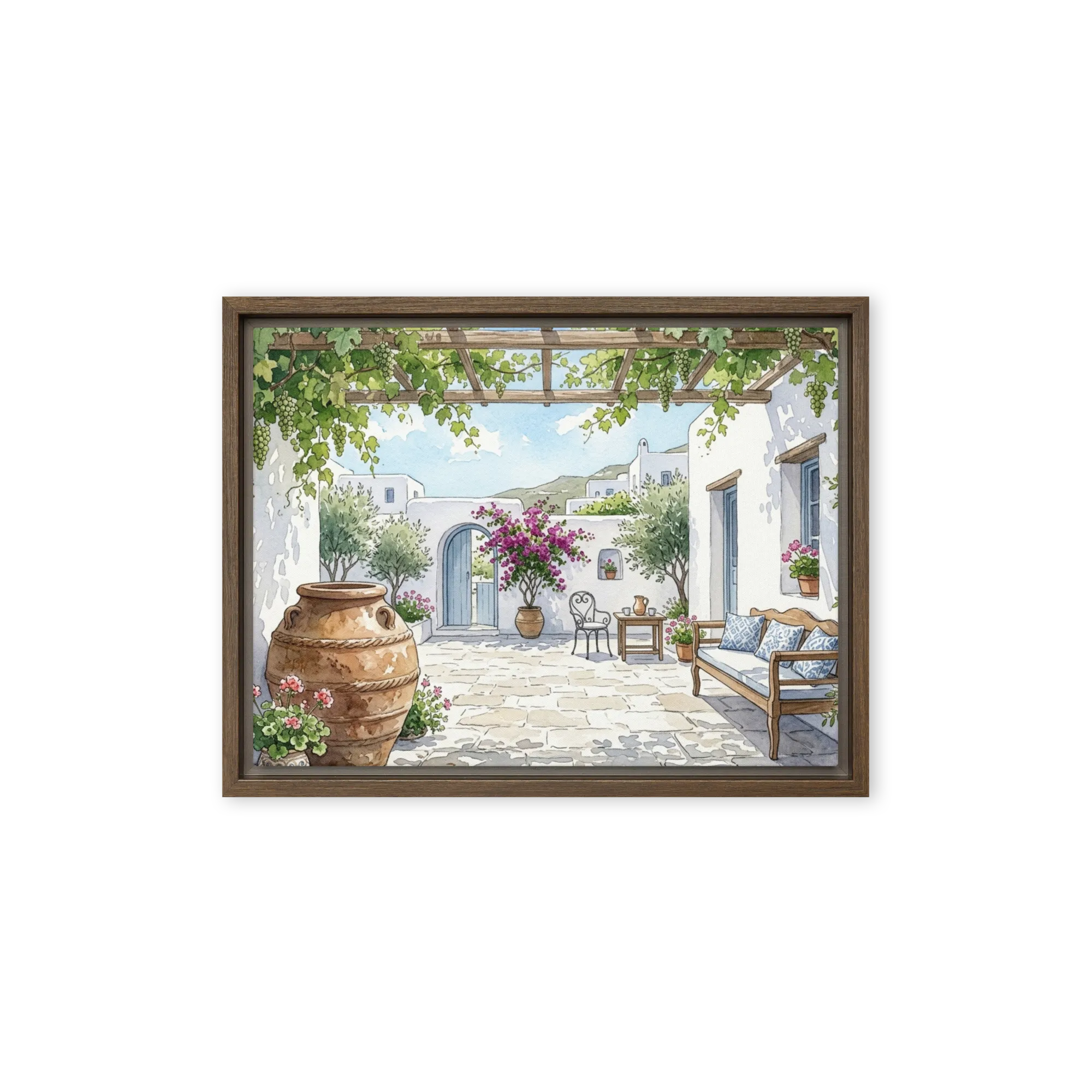Sunlit Greek Courtyard 
 Poster with Red oak Frame | 12″x 16″
