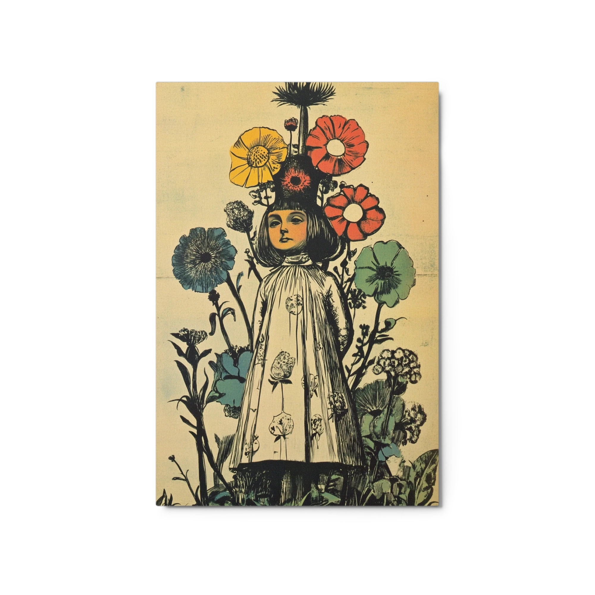 Vintage Girl Surrounded by Colorful Flowers