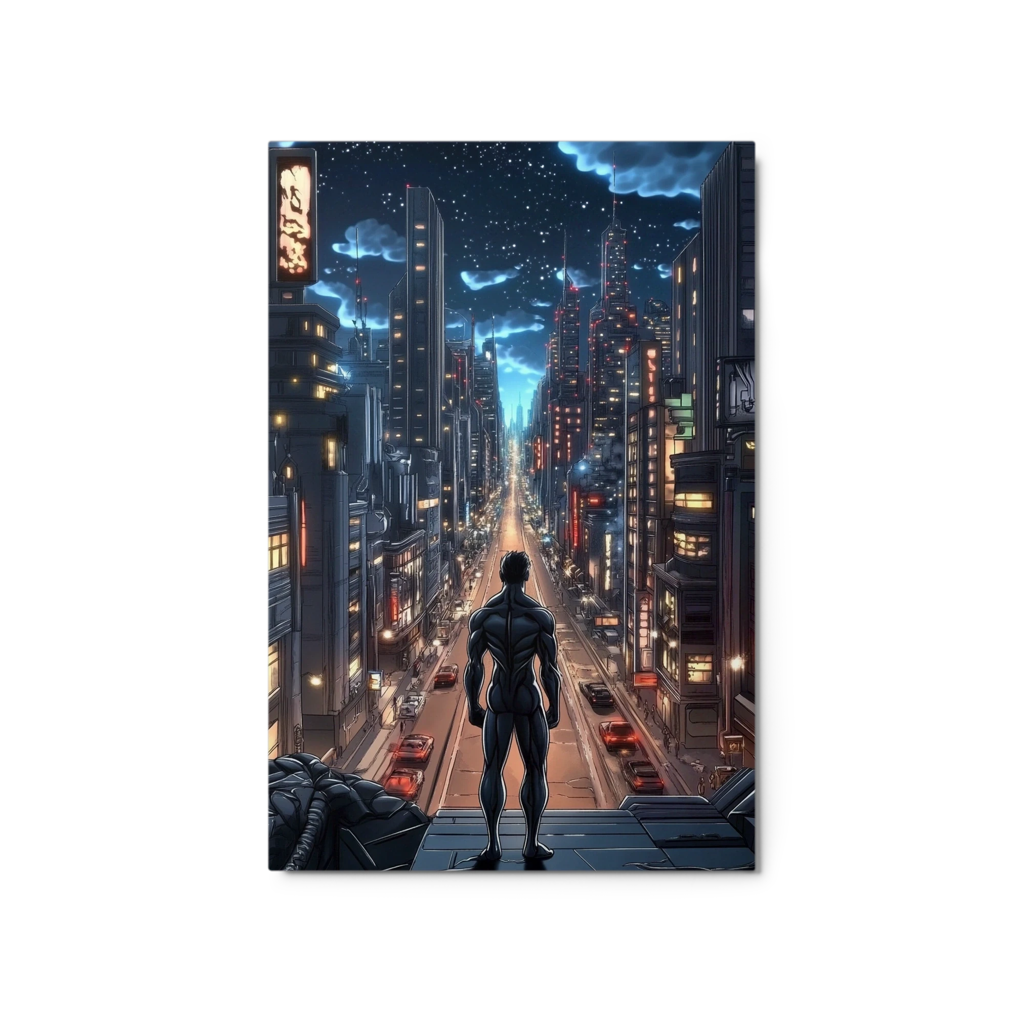 Muscular Figure Overlooking Cityscape