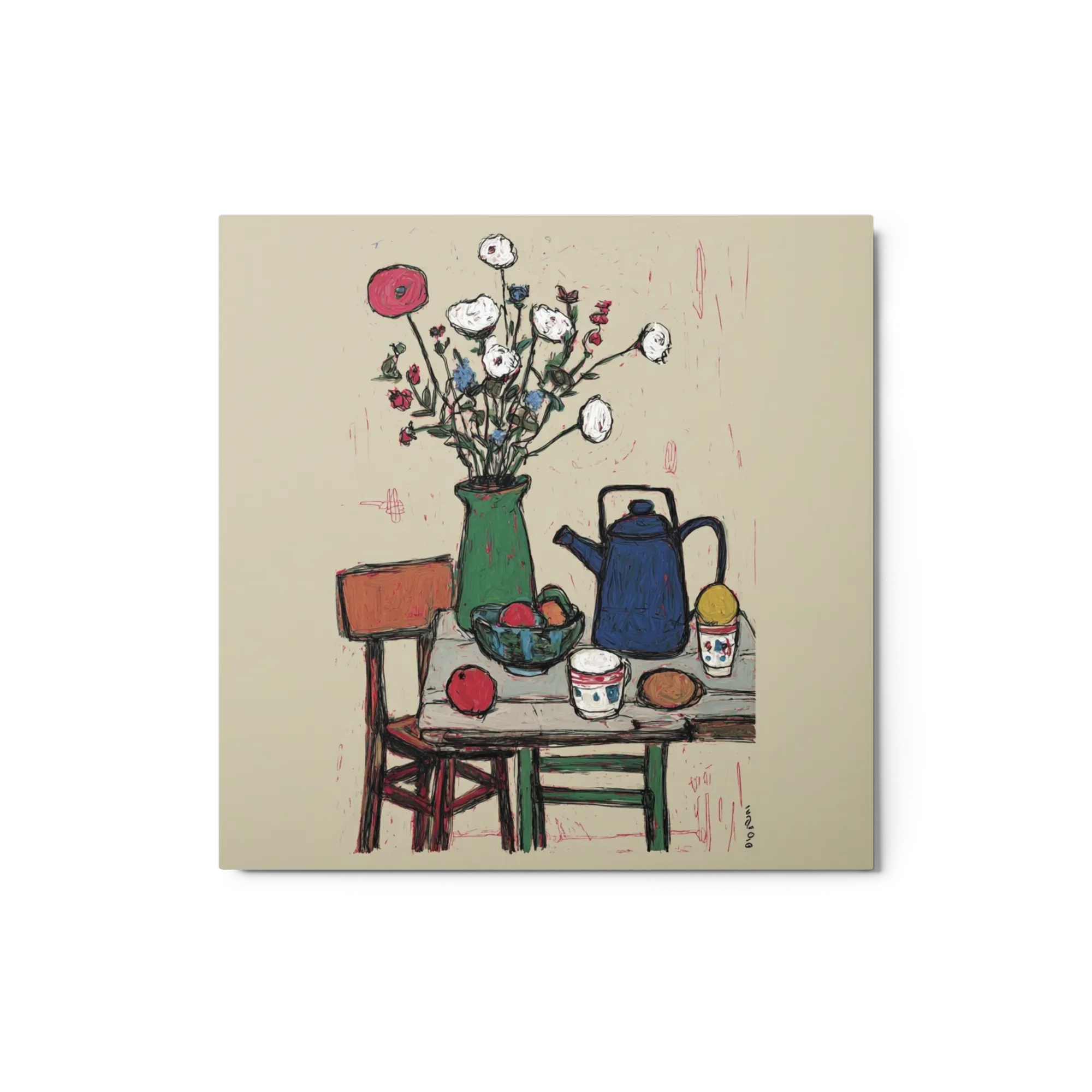 Stilleben mit Blumen und Teekanne