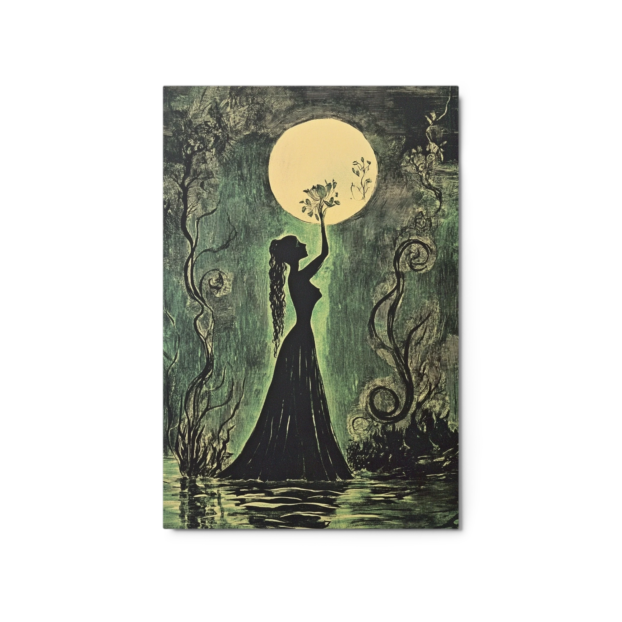 Silhouette Woman Holding Flowers by Moonlight