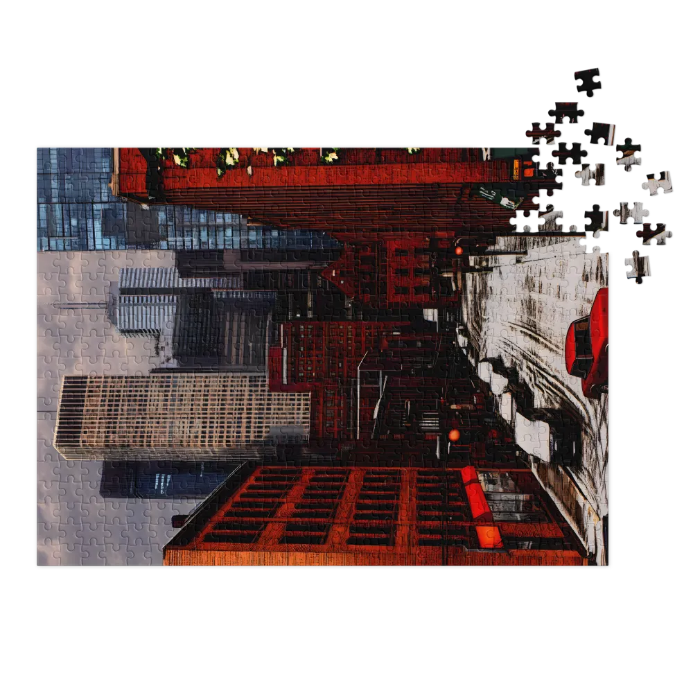 Snowy Cityscape with Red Vehicles