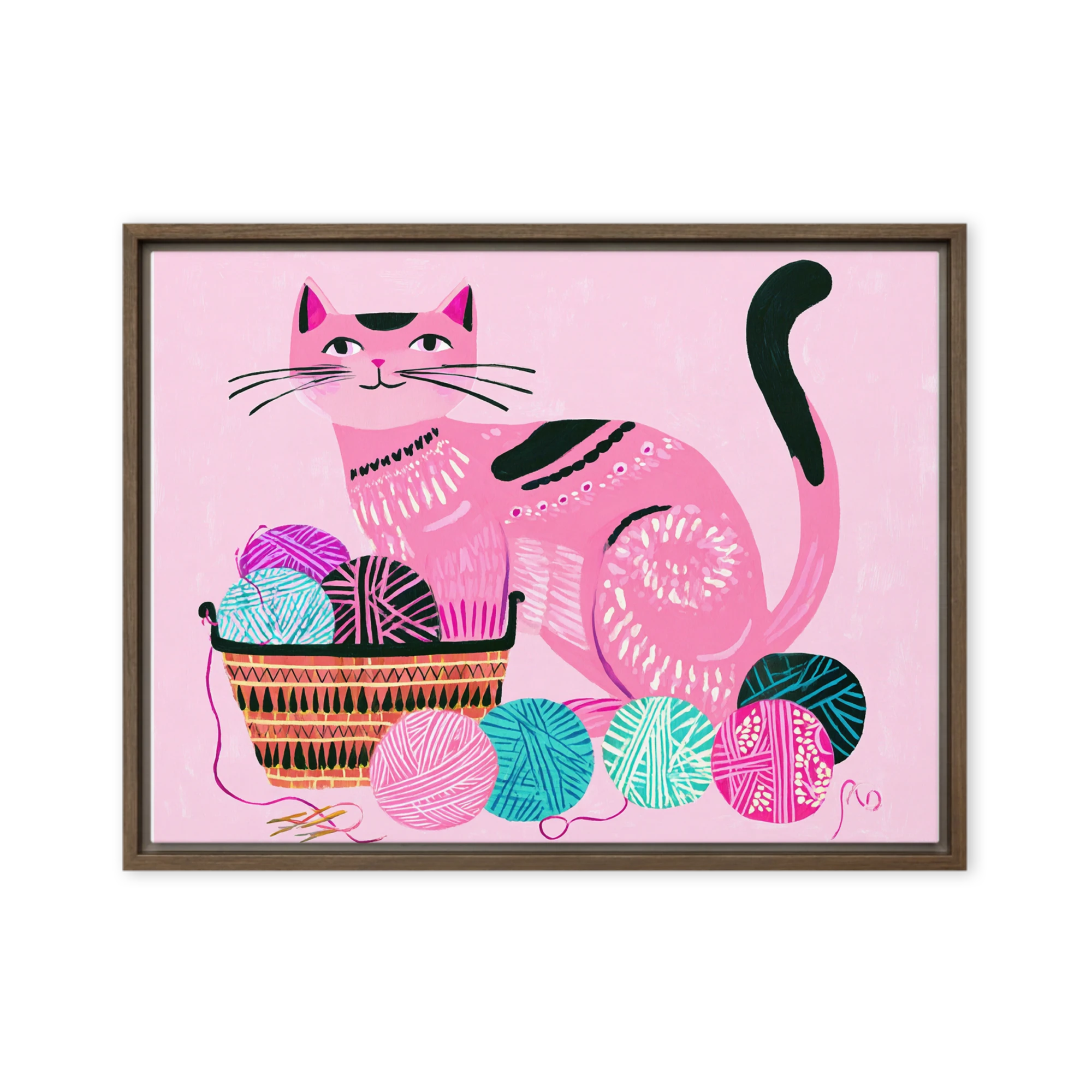 Pink Cat with Yarn | Art Print