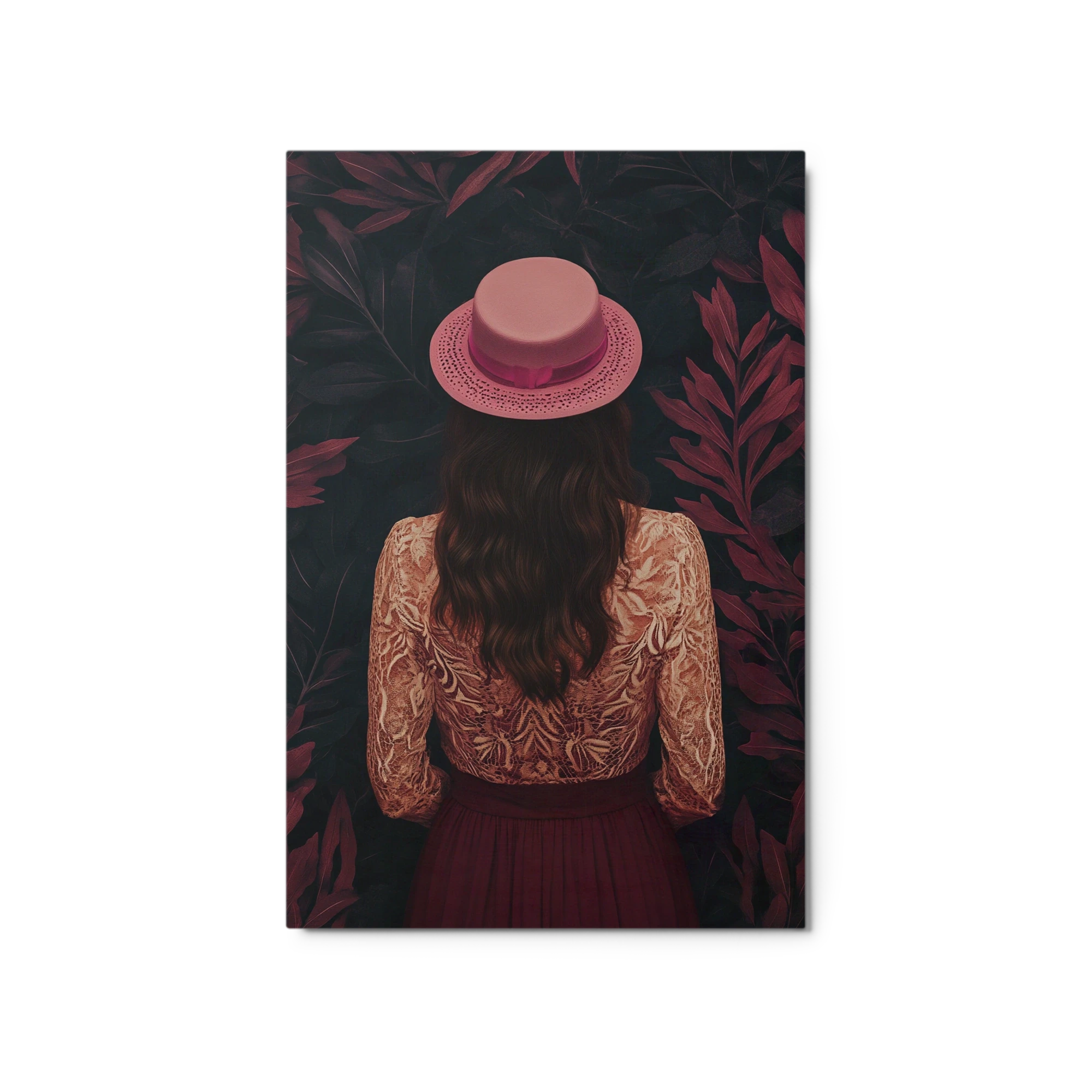 Woman with Pink Hat and Dark Leaves