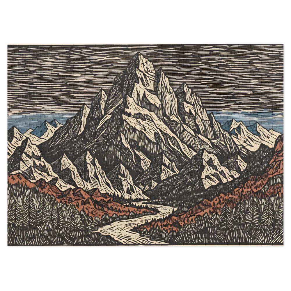 Alpine Woodcut Landscape 
 Jigsaw Puzzle in Tin Box